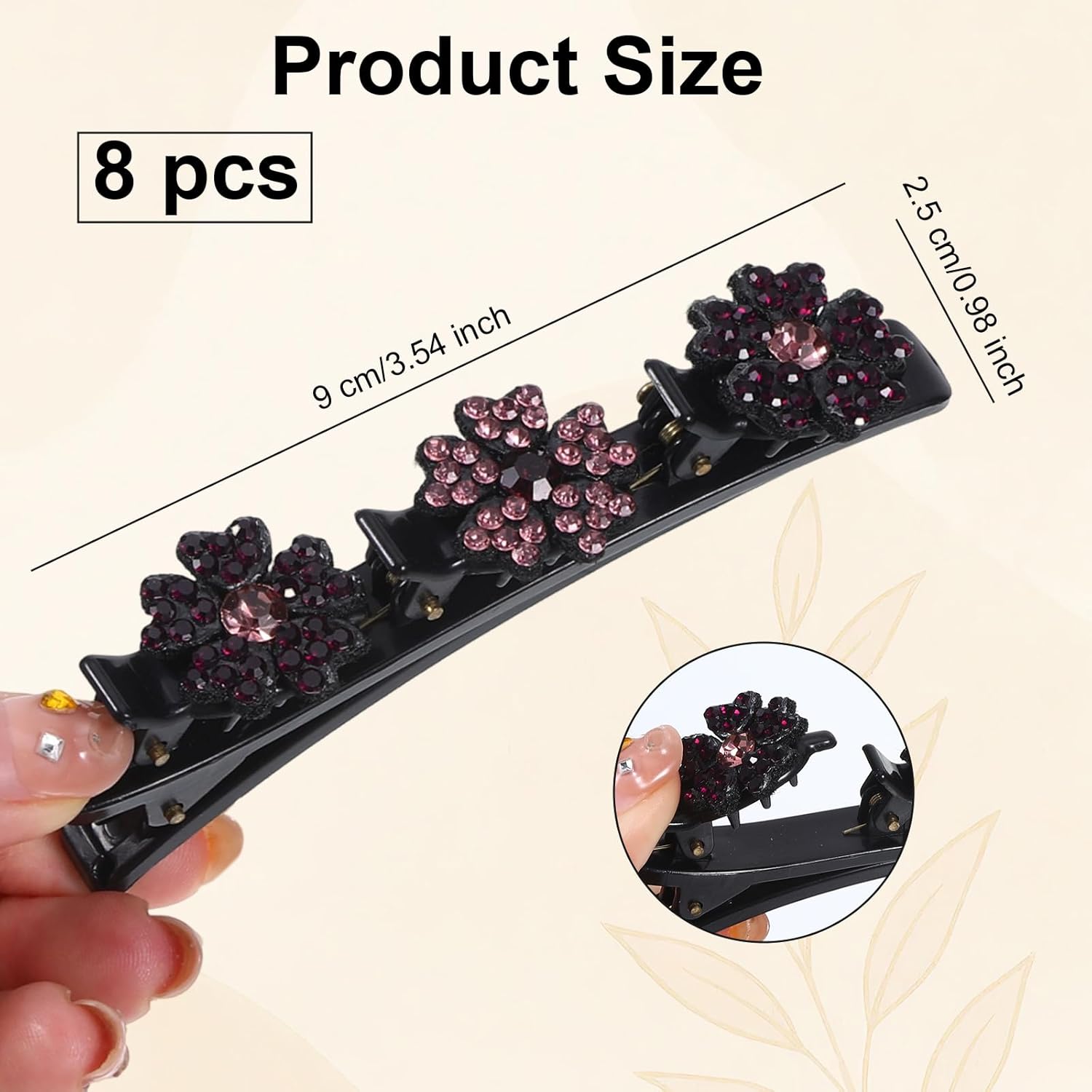 8 Pcs Sparkling Crystal Stone Braided Hair Clips, Duckbill Braid Braided Hair Clip for Women Girls, Flower Rhinestone Hair Accessories for Women, Decorative Barrettes for Styling With 3 Small Clips - Image 2