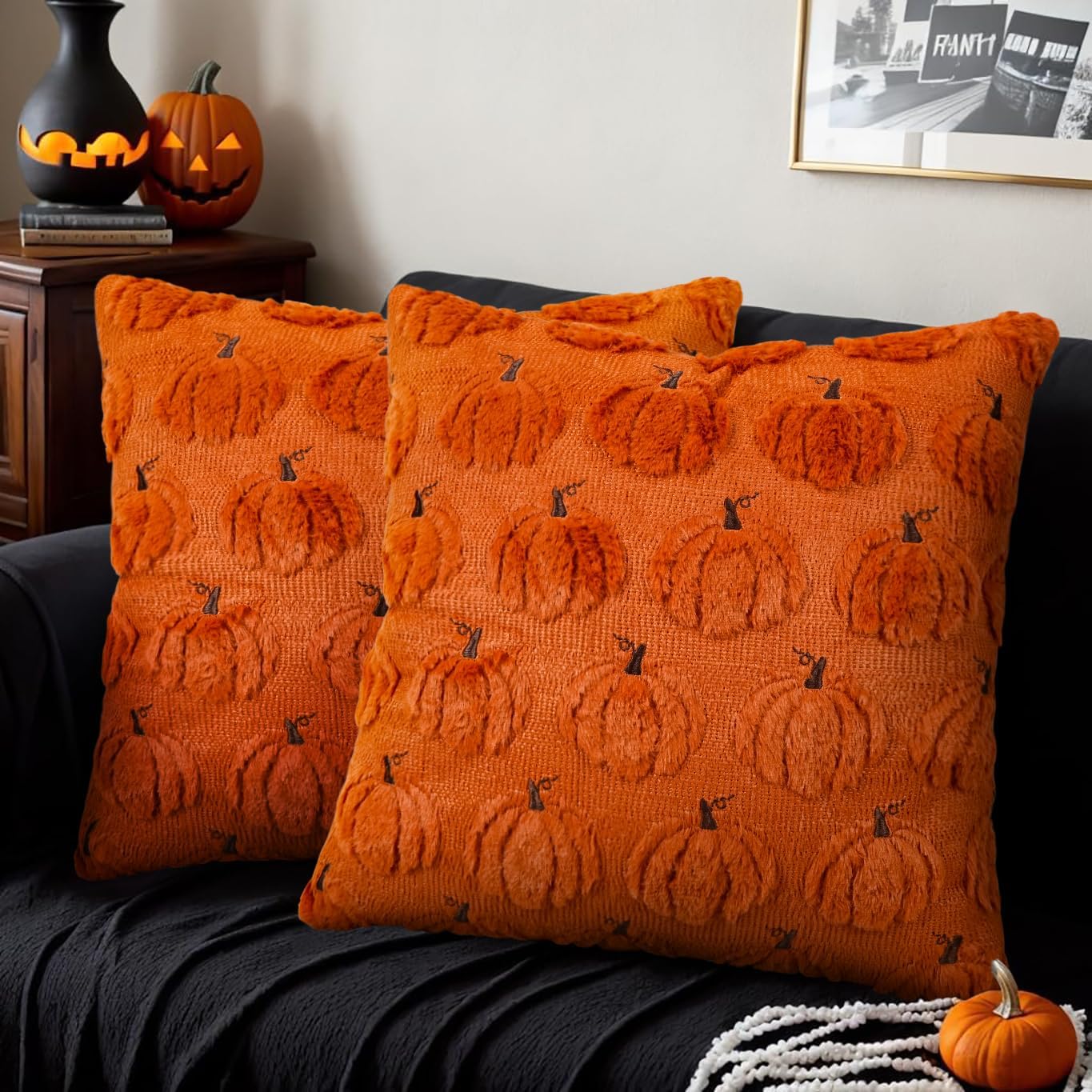 Pumpkin Ghost Halloween Pillow Covers Set of 2 Rust Red Fall Soft Plush Faux Fur Pillowcase Decorations for Sofa Couch Bed Living Room (Orange Pumpkin, 18" x 18")