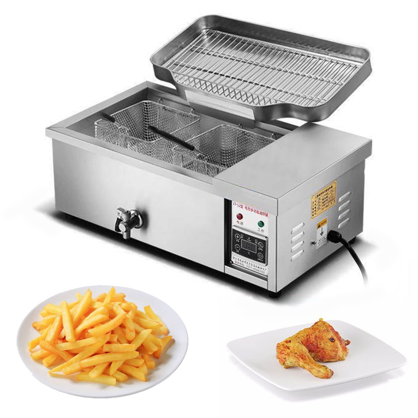 HTTGDGDH Commercial Electric Deep Fat Fryer 3000W 12L Single Tank Stainless Steel Chip Fryer Countertop Kitchen Frying Machine With Baskets,Lids A,A
