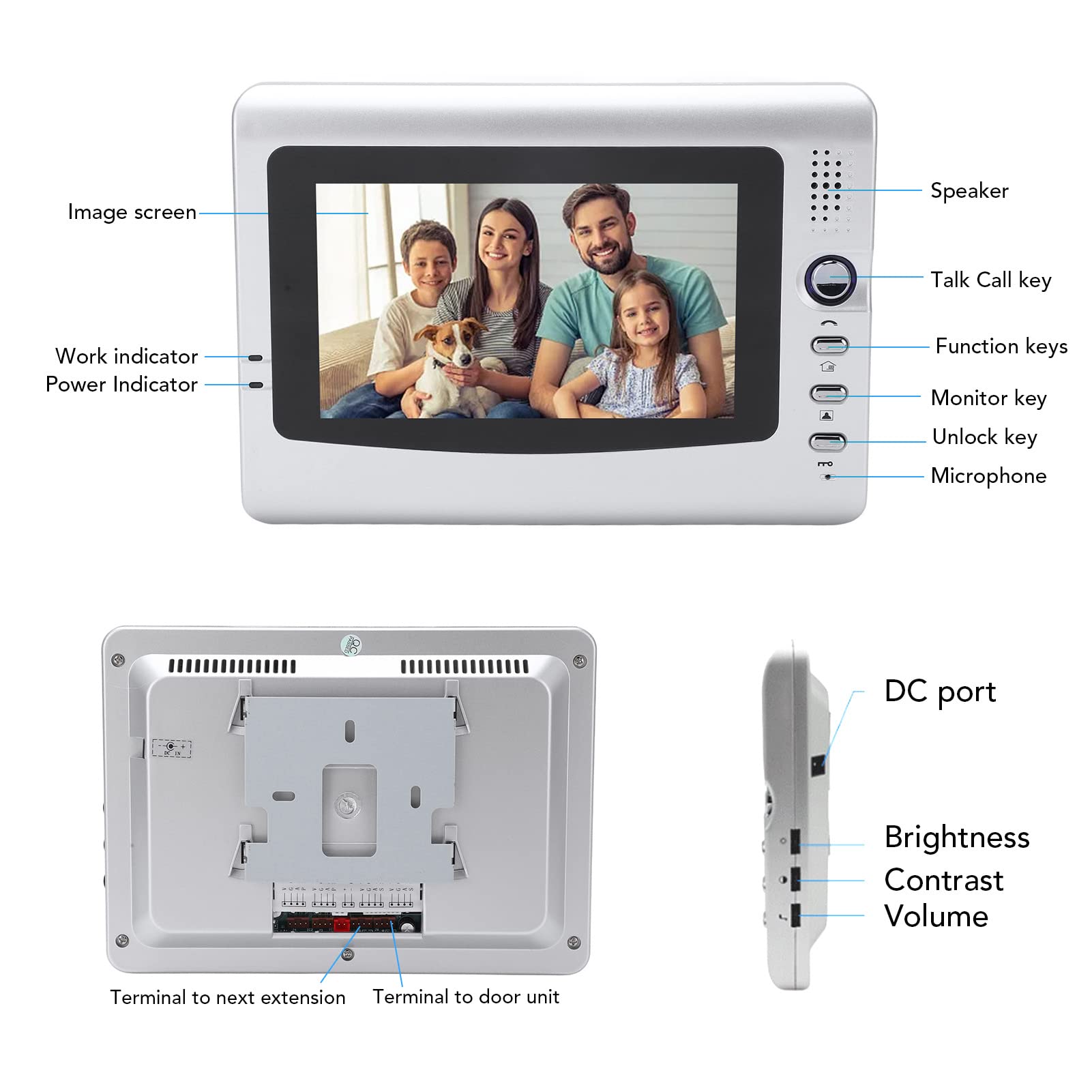 7 Pulgadas Videoportero Con Cable Kit Visión Nocturna Intercomunicador 2 Vías Sistema Timbre Video Sistemas De Seguridad Para Oficina Apartamento Villa AC100‑240v(EU Plug-Blanco)