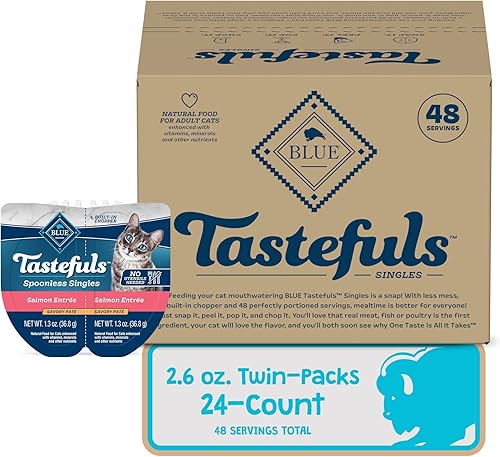 Miniatura 3 de Blue Buffalo Tastefuls Spoonless Singles Paté de Comida Húmeda Natural para Gatos, Bandejas Dobles de 2.6 oz, Entreé de Salmón (Paquete de 24)