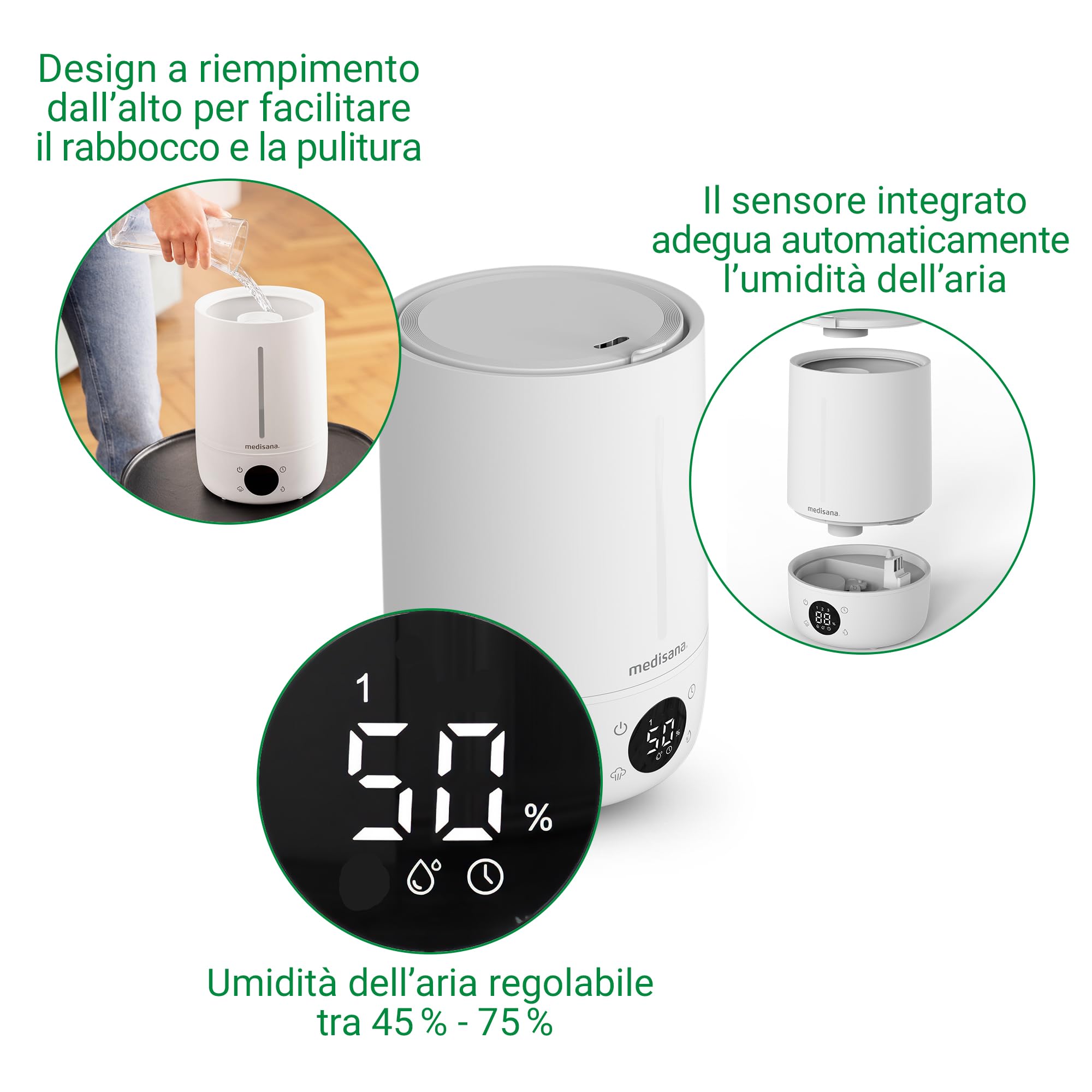 medisana AH 663 umidificatore ambiente, nebulizzatore con igrometro | vaporizzatore elettrico con tecnologia ultrasuoni, diffusore con timer per bambini, ufficio, camera a letto, salotto
