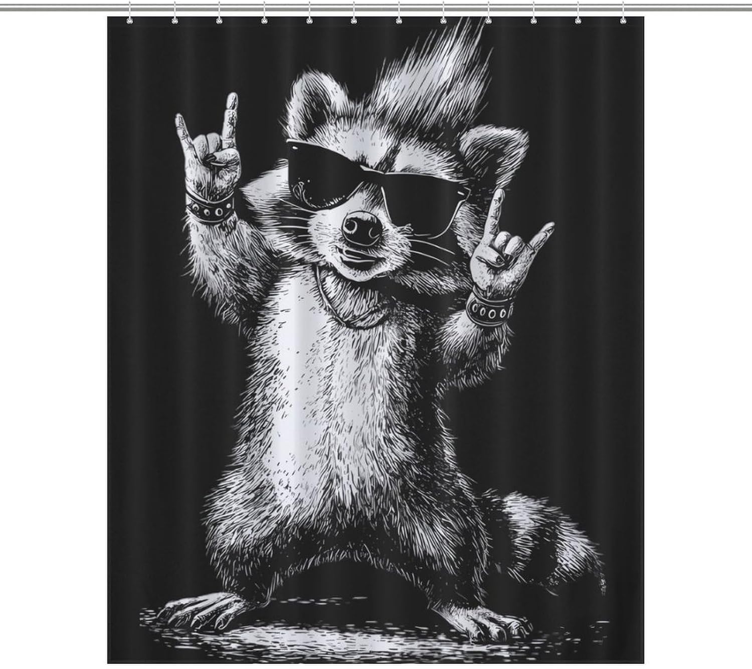 Raccoon Punk Rock Music Fabric Shower Curtain Liner Bath Bathroom | machine washable,with 12 hooks,stainless steel grommets,room divider