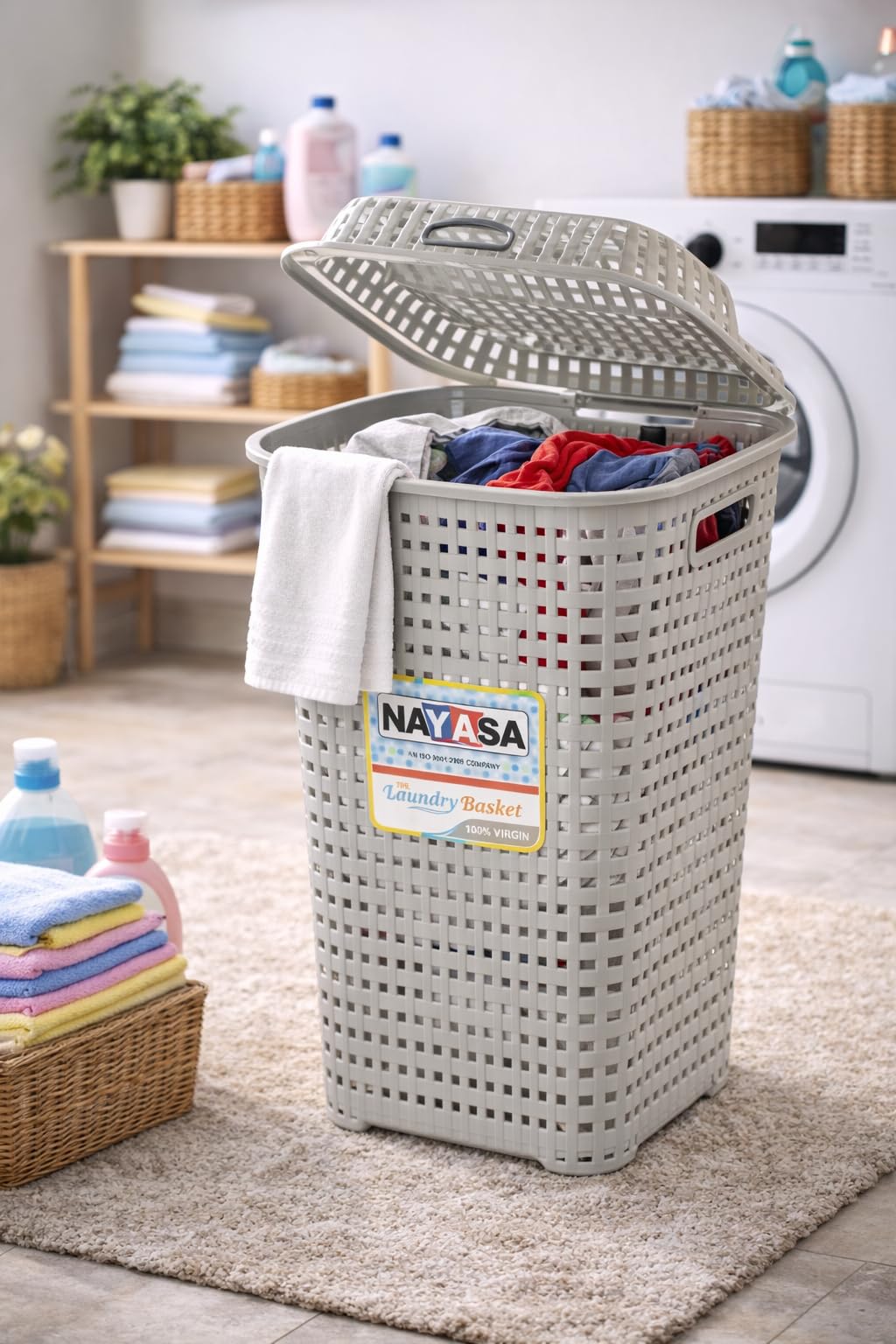 Nayasa Square 50.5 Liters Plastic Laundry Basket for Clothes with Lid | Laundry Bag for Clothes | Laundry Basket Plastic | Clothes Basket | Multipurpose Basket for Storage | Beige-image-5