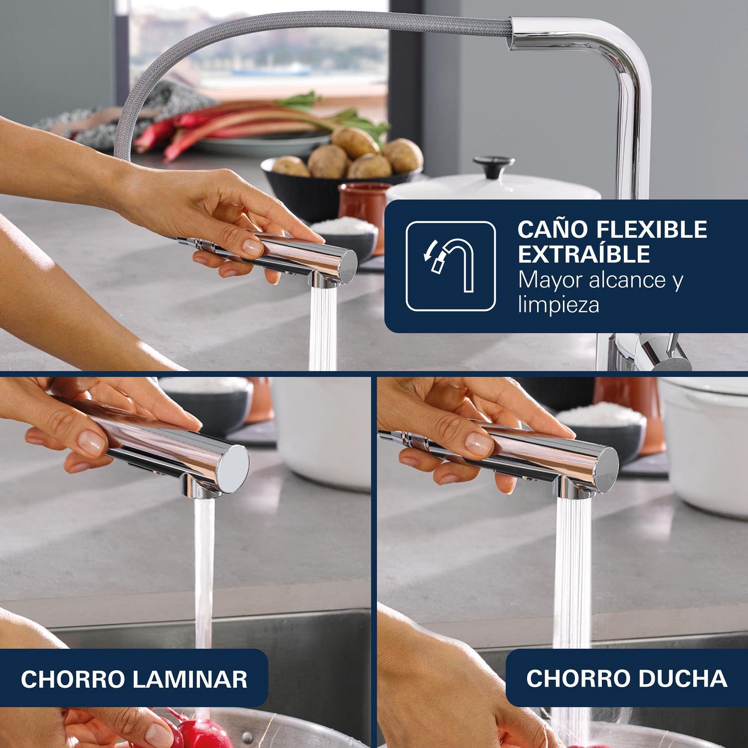 GROHE Essence Monomando de fregadero 1/2", Teleducha extraíble con 2 chorros, Cromo, 30270000