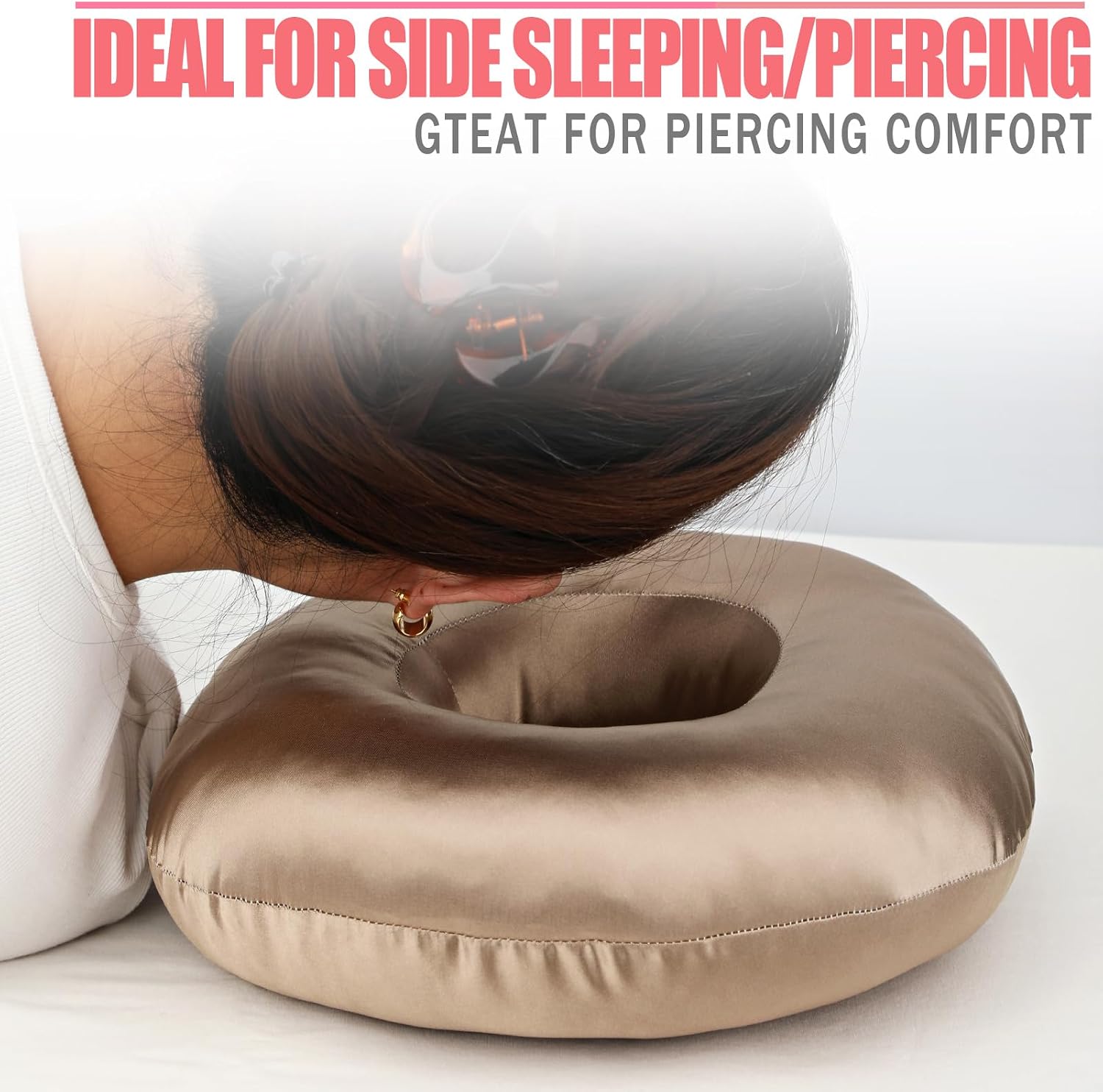 Satin Ear Piercing Pillow for Side Sleepers - Silky Pillow with Ear Hole Support - Head Pain Relief - Pressure Sore Cushion Guard - Taupe image 3