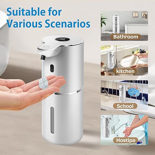 Miniatura 7 de Dispensador automático de jabón líquido de 12.8 onzas, recargable y 6 niveles de jabón ajustable con pantalla digital, montaje en pared,