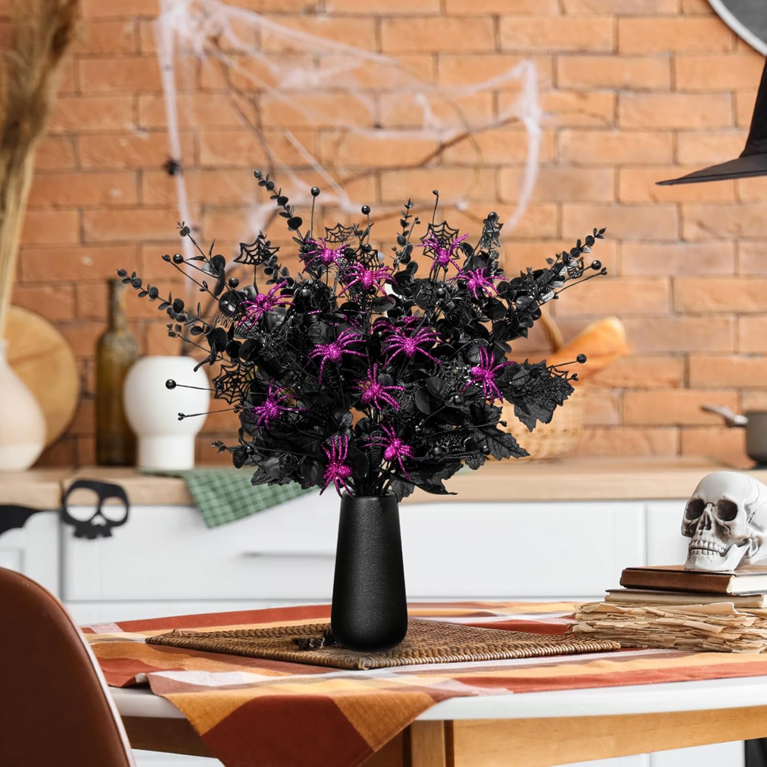 Giegxin 10 Pcs Halloween Floral Picks Halloween Decorations 19.5inch Black Artificial Flowers Branches Eucalyptus Stems Glitter Spiderweb Maple Leaf Stems for Home Indoor Party Vase Arrangement Decor - Image 6