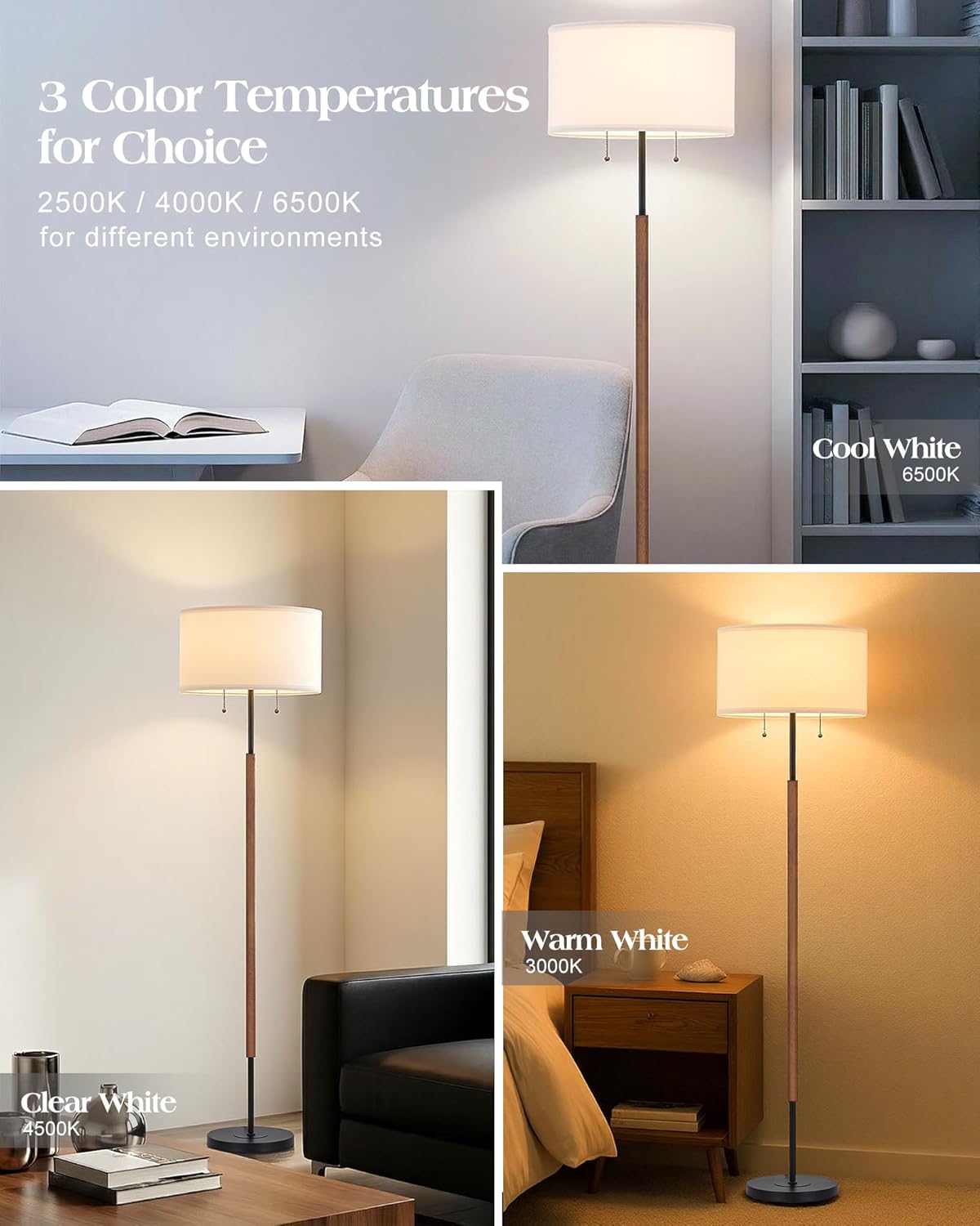 BTP Modern Floor Lamp for Living Room, 2-Light Wood Standing Lamp with Dual Switch, Tall Reading Standing Light for Bedroom Office Dining Room Farmhouse, 3 Color Temperatures 9W Bulbs*2 Included