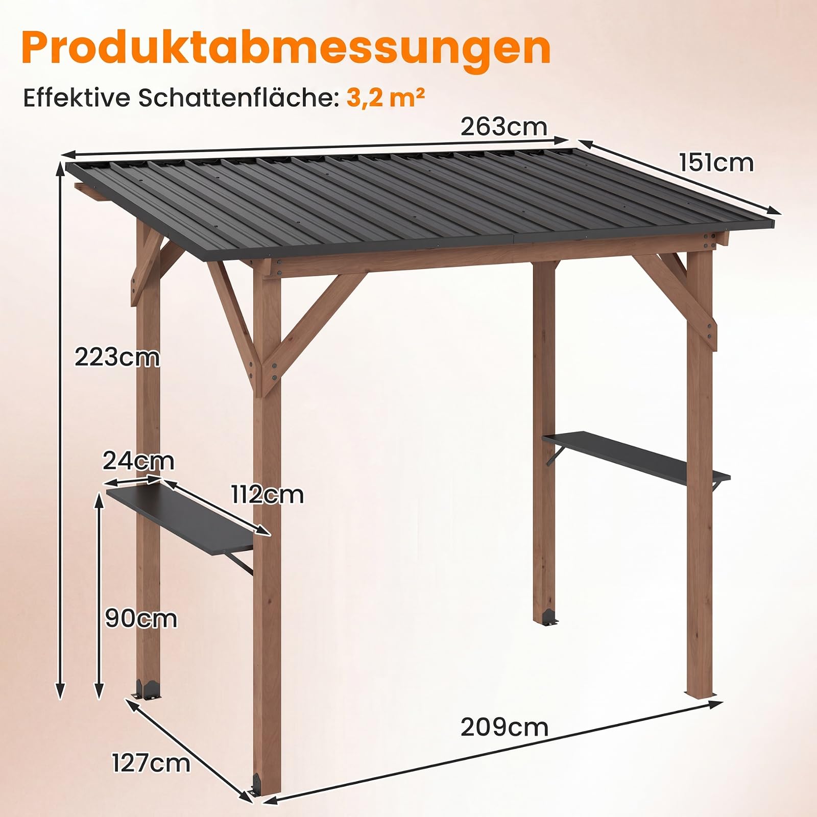 COSTWAY Drewniany pawilon grillowy, 263 x 151 x 223 cm, stojak do grillowania z dachem z ocynkowanego metalu i 2 półkami bocznymi, odporny na warunki atmosferyczne, zadaszenie grilla na zewnątrz, na