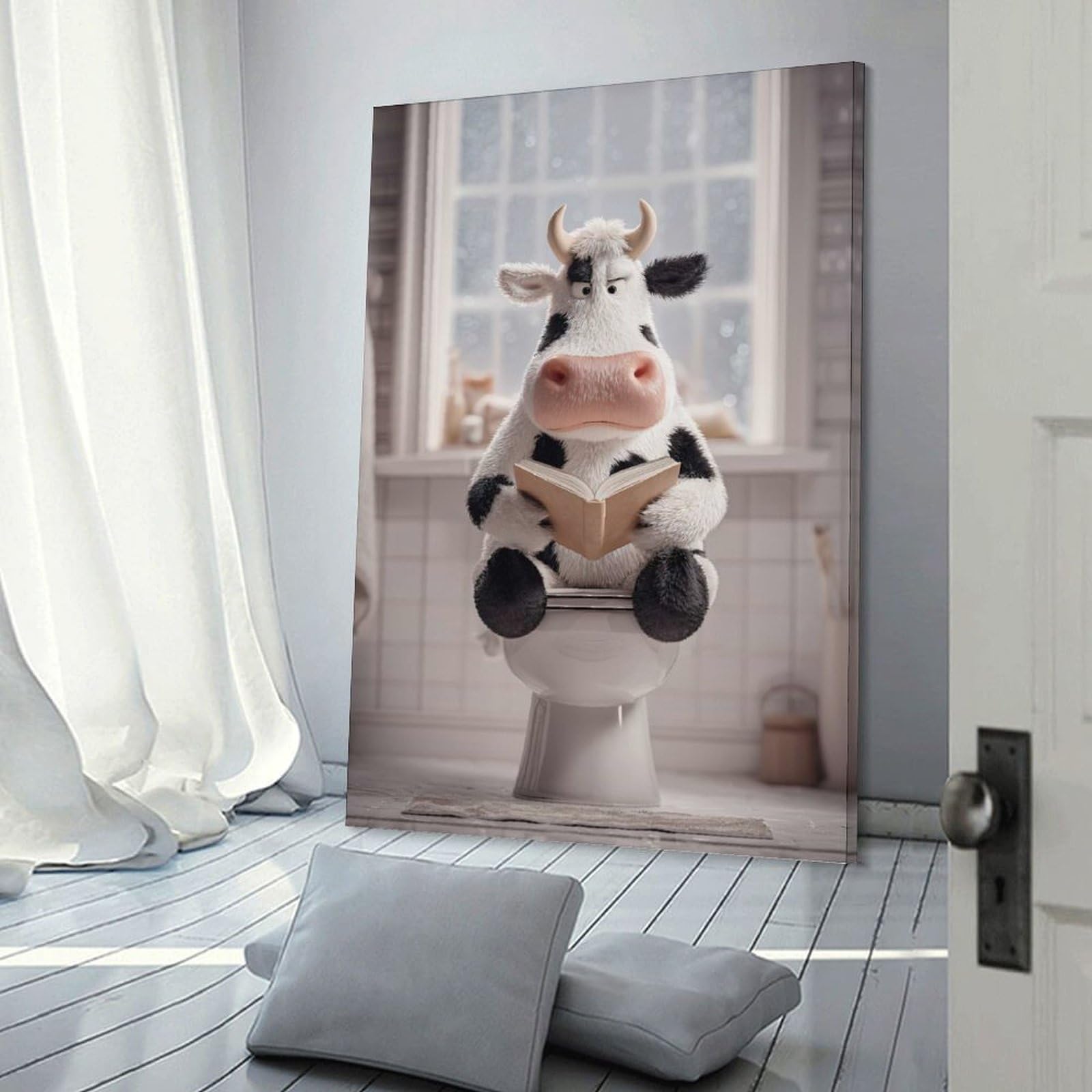 Junmoney Cow Reading on The Toilet Canvas Art Print 12x18inch(30x45cm), for Gallery Wall Layouts in Home Or Office, Decorative Artwork with Flexible Styling