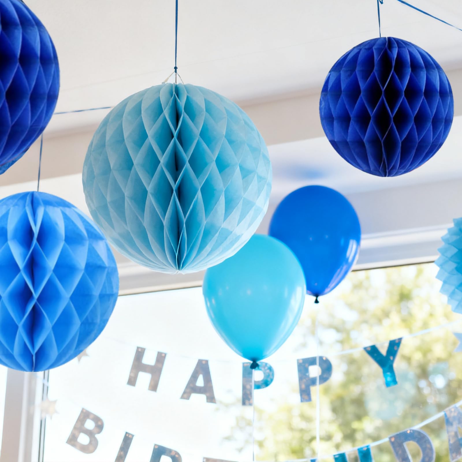 Lot De 12 Boules En Papier Nid D'abeille Bleu - Décoration De Fête - 6 Et 10 Pouces, 3 Nuances De Bleu