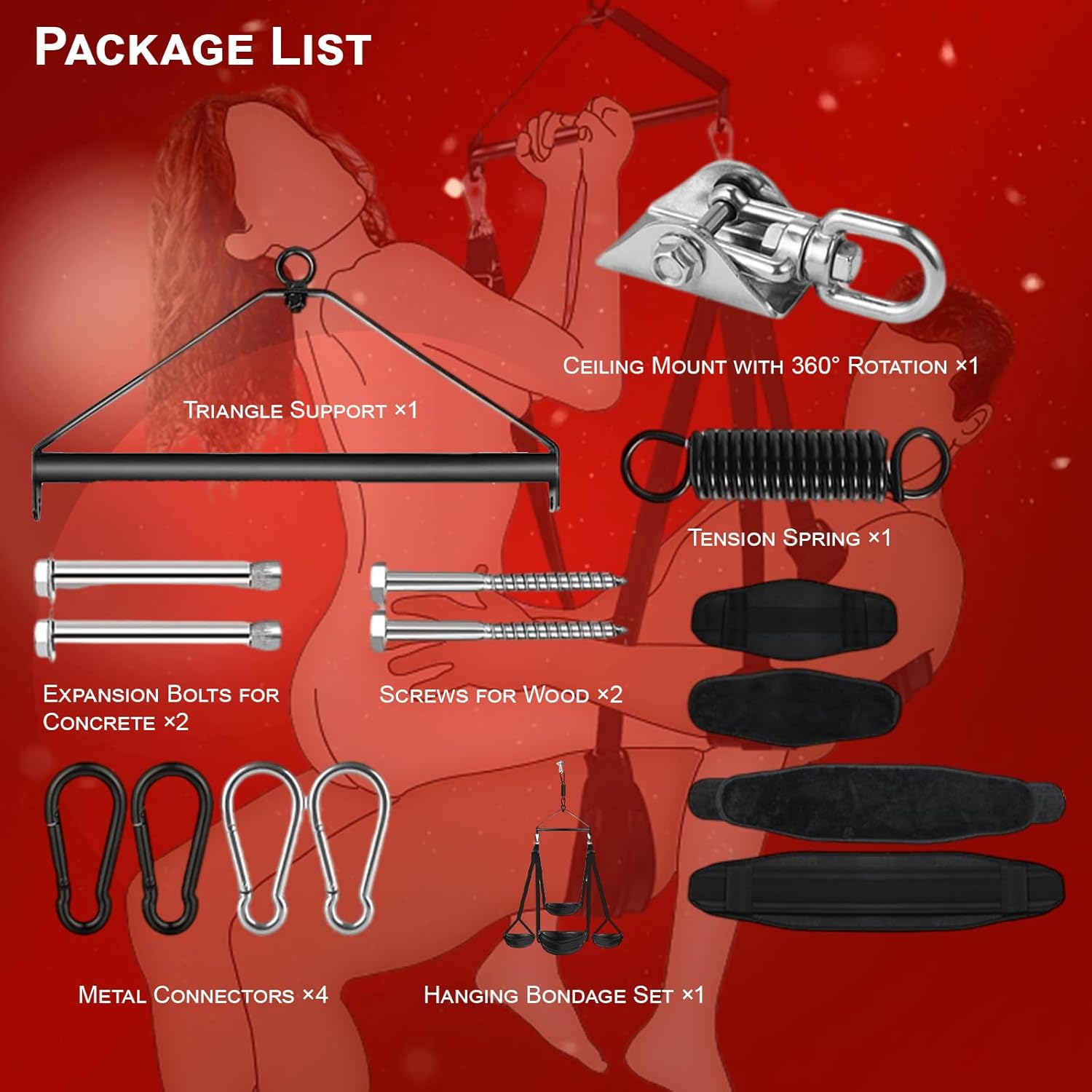 Sex Swing for Couples 360 Degree Spinning BDSM Bondage Swing with Ceiling Mount Adjustable Slings and Soft Pads Indoor Adult Sex Furniture Holds up to 800lbs for Intimate Play and Fetish Fun