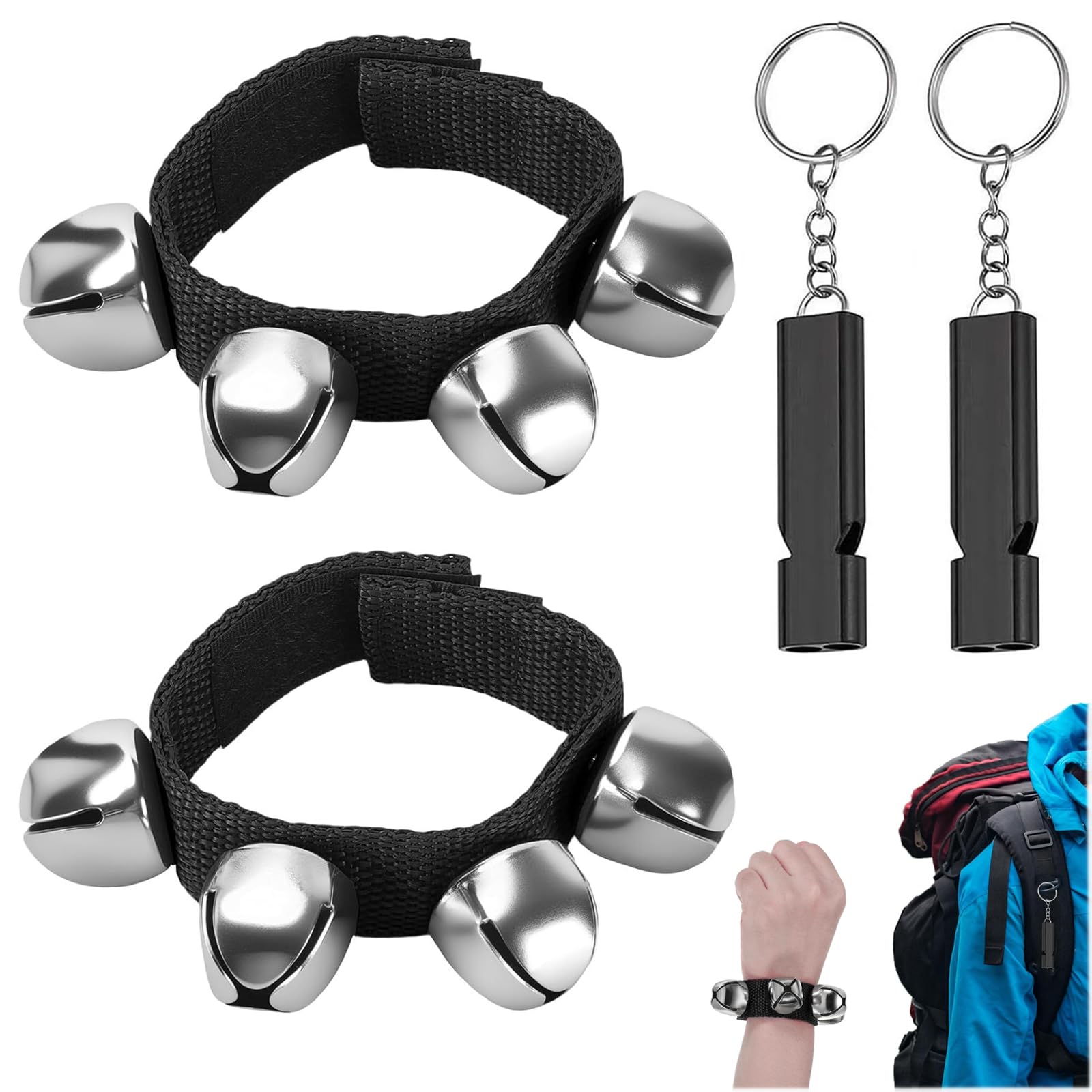 Bear Spray Set - 2 Campanas para Osos y 2 Silbatos de Seguridad para Actividades al Aire Libre