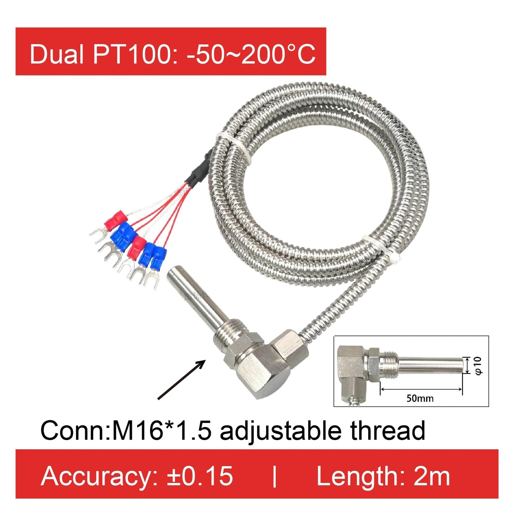 Sensor de temperatura del cojinete Sonda PT100 Sensor de temperatura roscado en forma de L Sonda industrial de acero inoxidable(Pt100 2M Dual)