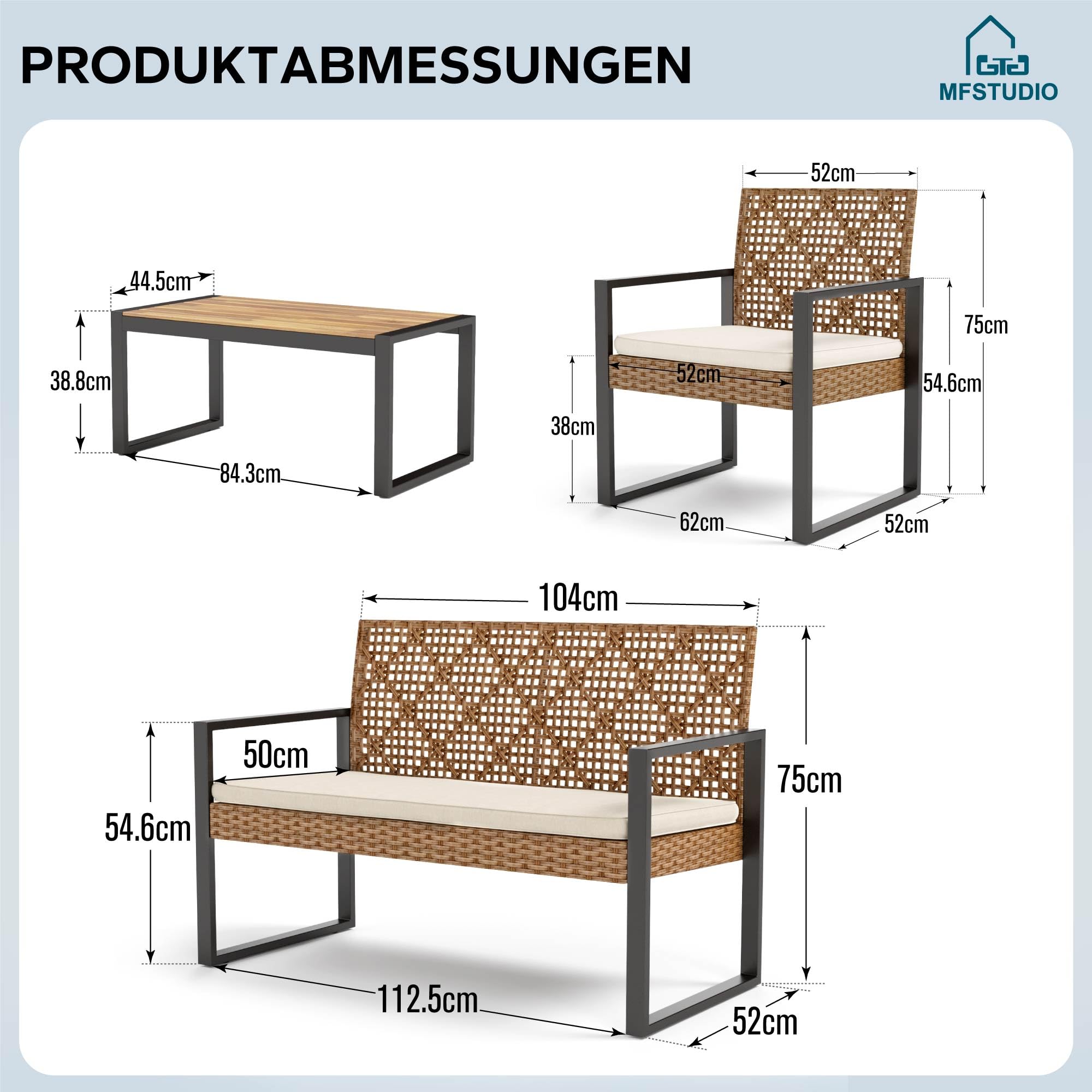 MFSTUDIO Polyrattan Gartenmöbel Set Balkonmöbel Outdoor Sitzgruppe Set Terrassenmöbel Lounge Gartenmöbel Set Tischplatte aus Massivem Akazienholz Braun Rattan Beige Kissen