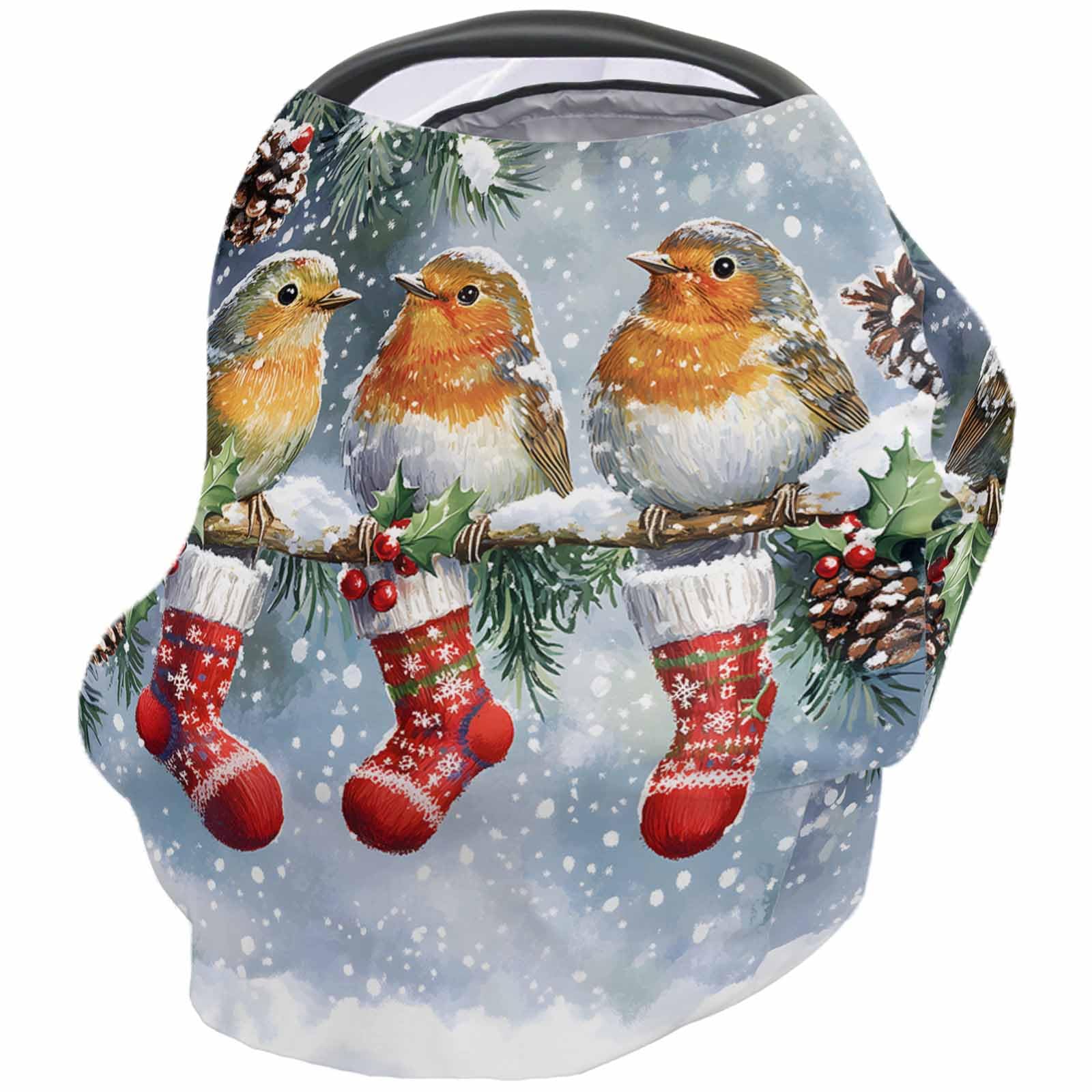 Nursing Cover for Breastfeeding Scarf, Christmas Winter Bird Stocking Pine Needles Snow Baby Car Covers Super Soft Multi Use for Canopy Shopping Cart Cover Blanket Stroller Cover