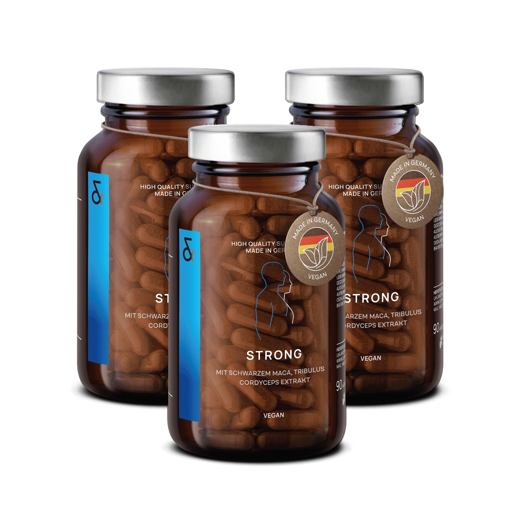 3er Set - N°32 Strong - Black Maca Kapseln hochdosiert mit Tribulus terrestris, Cordyceps sinensis, schwarzer Knoblauch, Ginseng, Zink & Selen - 270 Kapseln