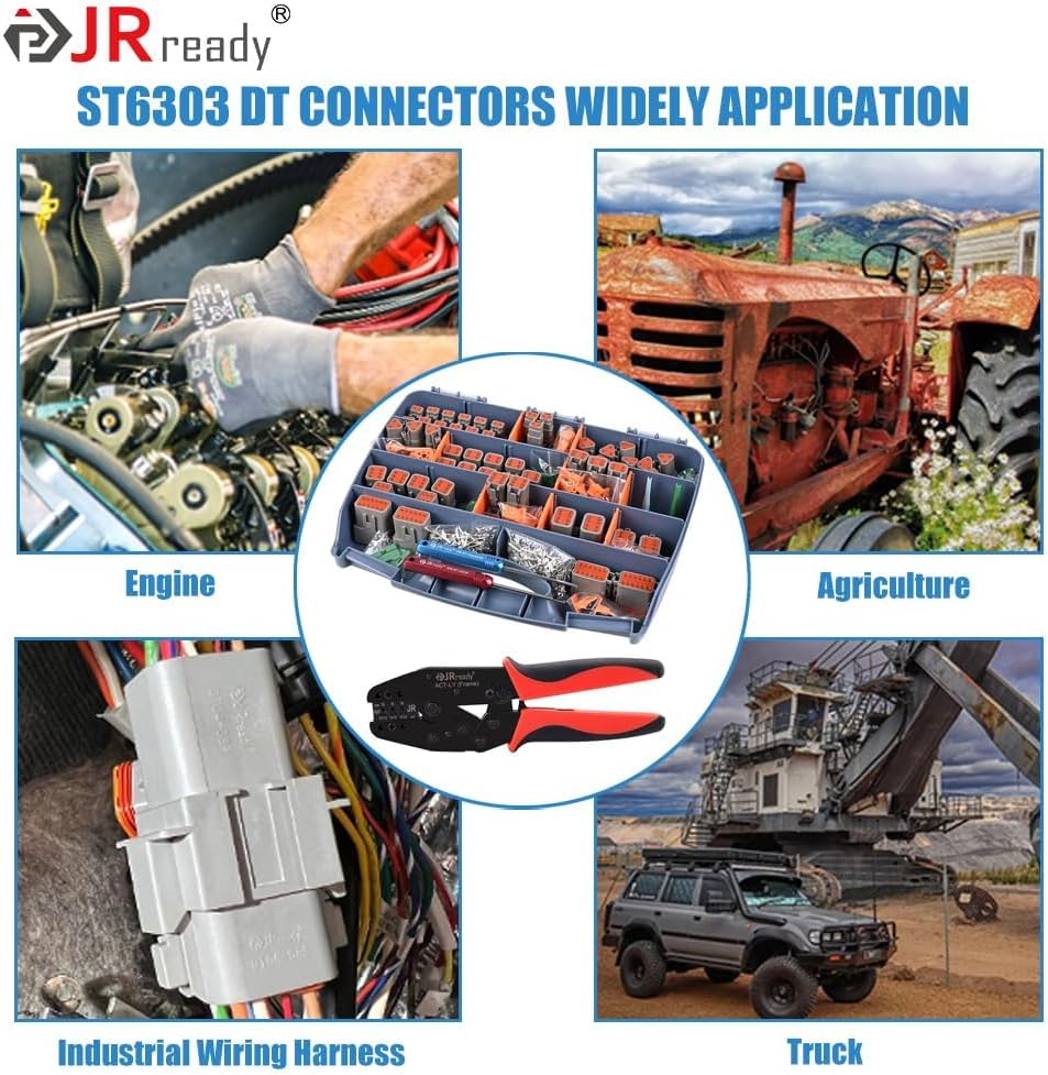 JRready Deutsch Connector Kits ST6303: 2 3 4 6 8 12 Pin DT Connector Kit IP67 Waterproof with Deutsch Crimper ACT-LY-16DT, Stamped Contacts Size 16 for Automotive, Truck, Boat Repairing