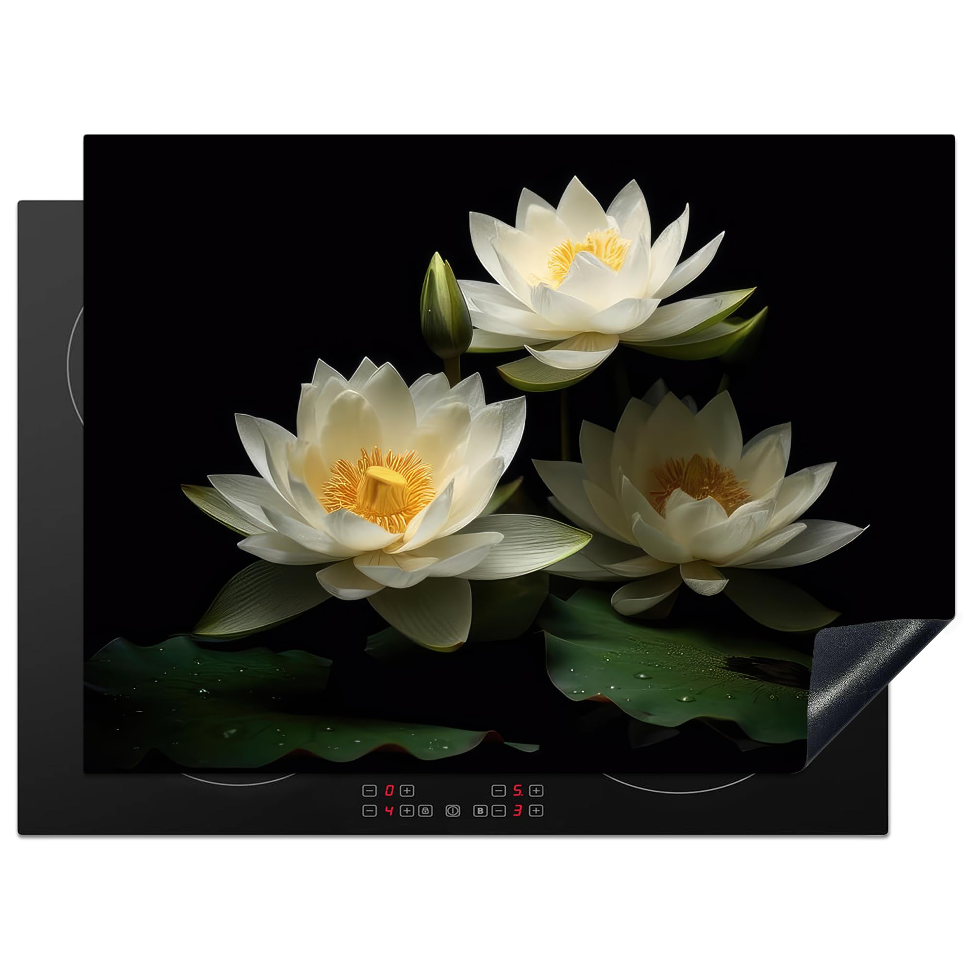 KitchenYeah© Induction Hob Cover Protector Mat 20.5"x27.6" / 70x52 cm Kitchen Universal Ceramic Covers for Electric Cookers Vinyl Lotus - Flowers - White - Nature - Black