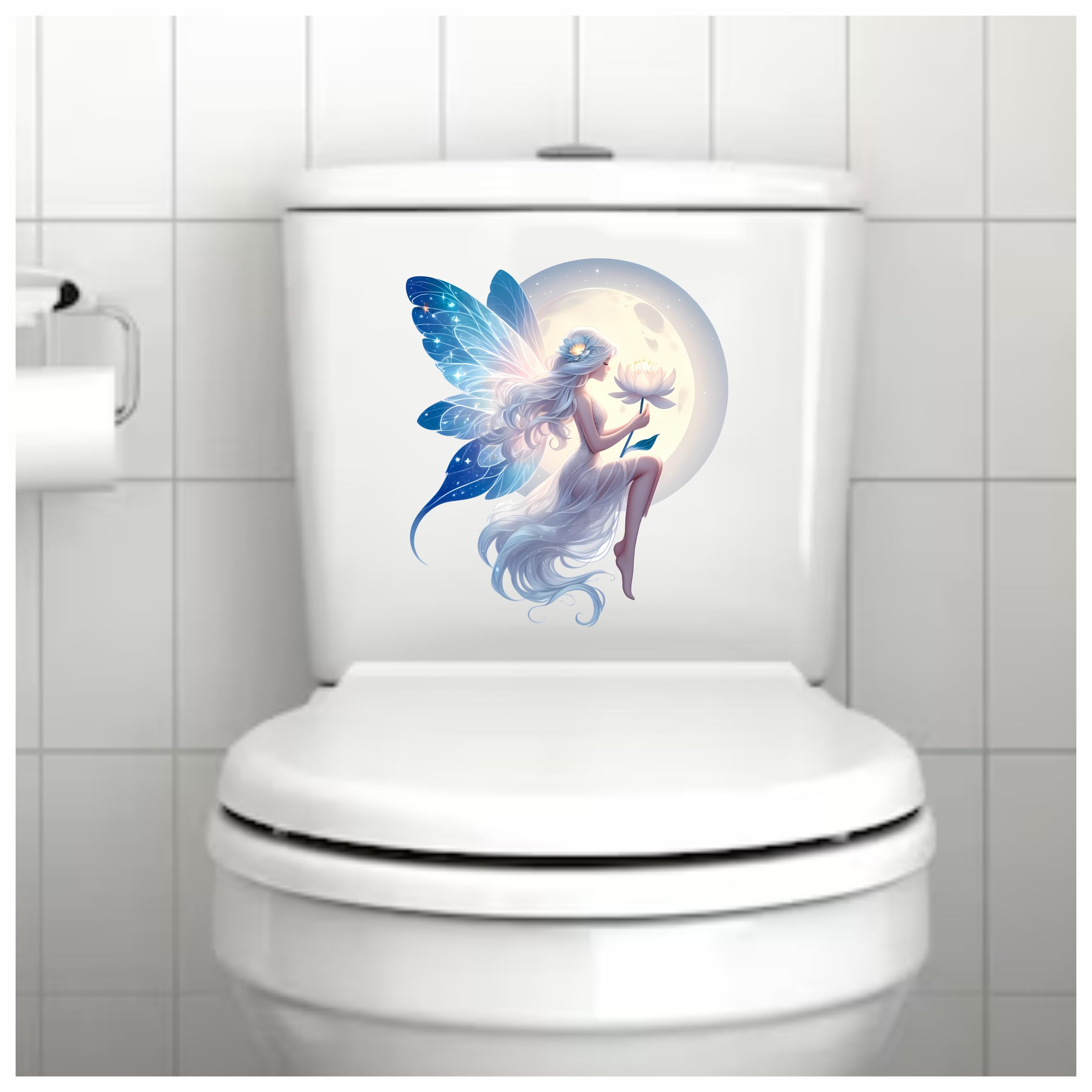 x4 White Fairy Holding Flower in The Moon Vinyl Stickers Non Transparent Fairies Art Decals 1@ 20cm for Toilet/Laptop and 3@ 7cm for Phone case Cups etc Cover Marks (Flower White) - Image 2