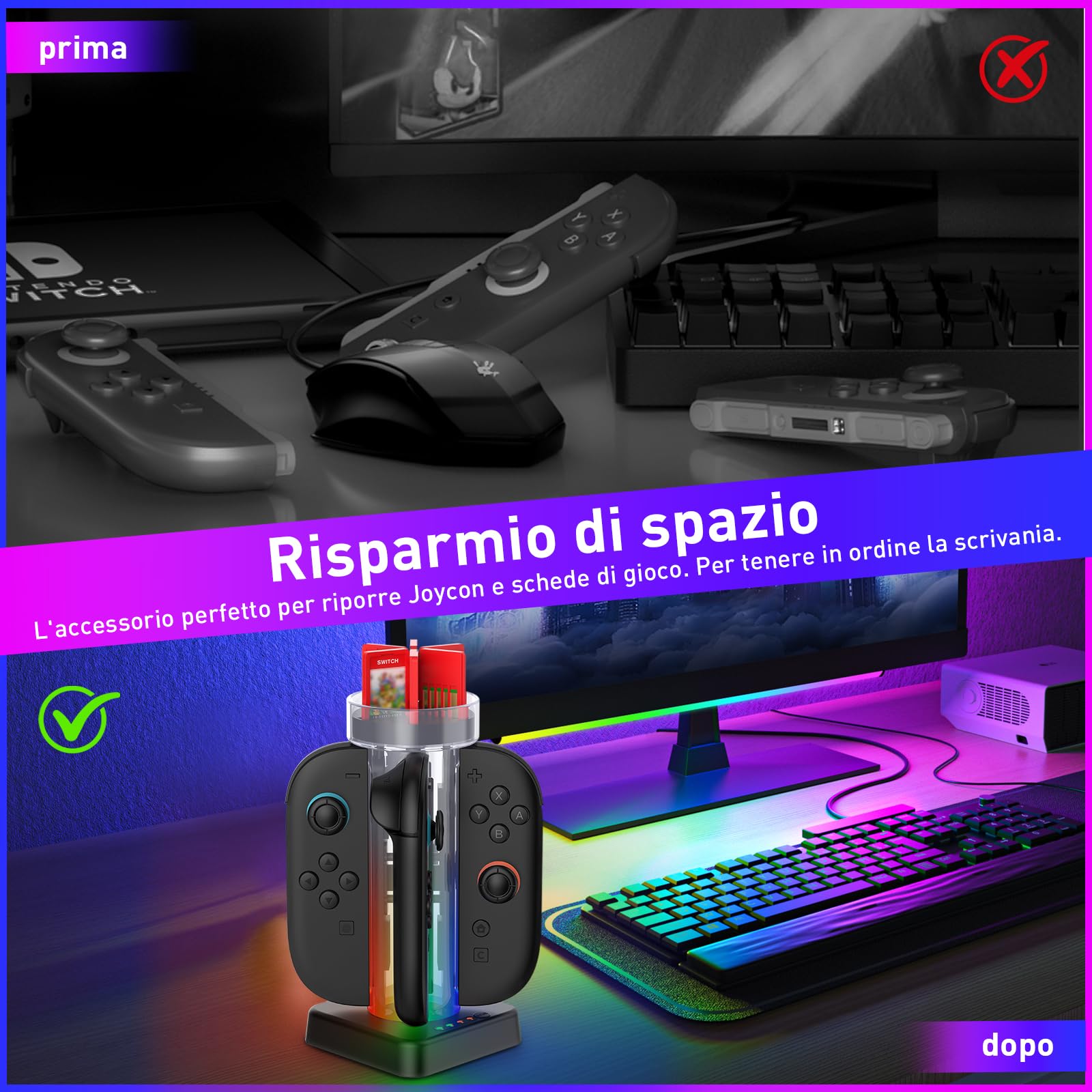 LONGYI Dock di ricarica per JoyCon di Switch 2, Stazione di Ricarica Magnetica con 5 Modalità di illuminazione, Caricatore per Controller con 6 Giochi per Gli Accessori di Switch 2