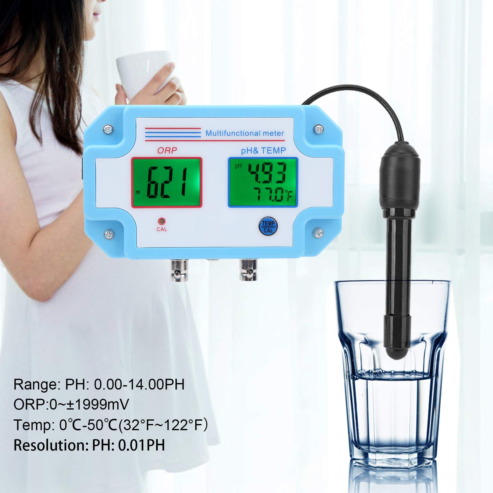 Tester jakości wody, monitor pH/redoks/temperatura z sondą, cyfrowy multiparametr LCD 1 w 3, dokładność 0-14PH ± 0,1PH, zakres -1999-1999 mV dla Plant Pool Spa(EU)