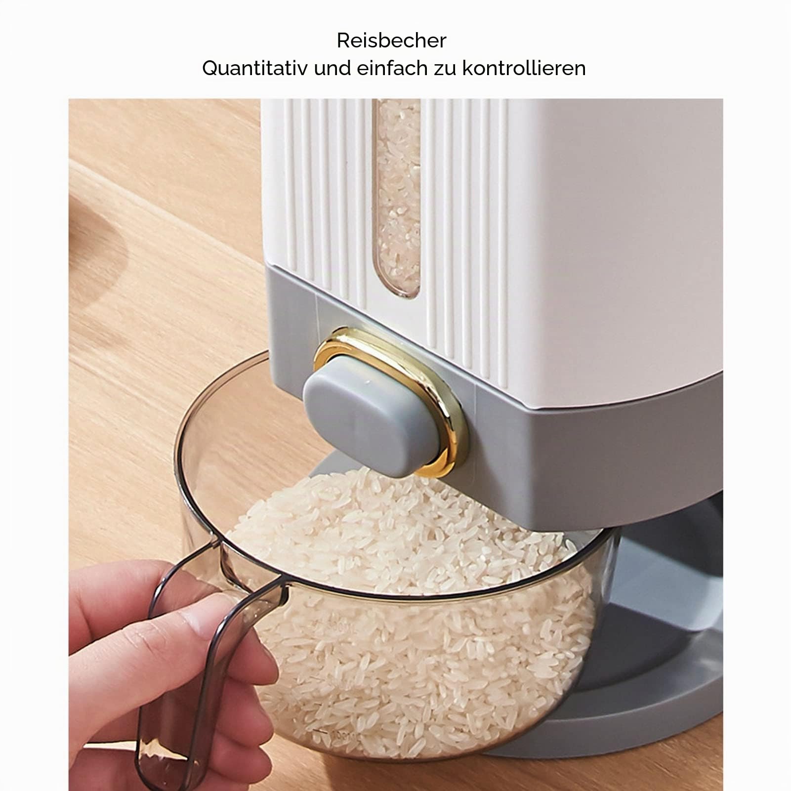 Reisspender mit Messbecher, Lebensmittelbehälter mit Großem Fassungsvermögen und Deckel, Versiegelter, Integrierter Getreidebehälter, Feuchtigkeitsbeständiger Müslispender für den (Grau L 10L)