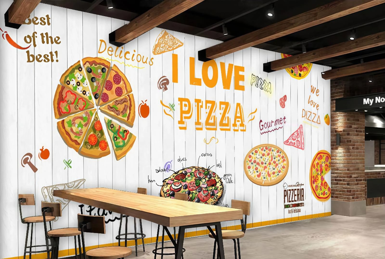 XDOUBAO Wallpaper White Wooden Board Hand Painted Delicious Pizza Shop Fast Food Mall Afternoon Tea Western Restaurant Background Wall Wallpaper Coffee Shop Mural,3D,300x210cm