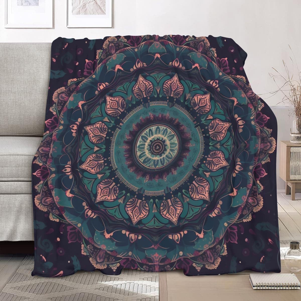 Lekki antystatyczny koc wełniany XXL 180 x 220 cm kwiatowy wzór mandala koc flanelowy super miękki ciemnofioletowy na łóżko sofa biuro ochraniacz na kolana łóżko samochód kemping plaża