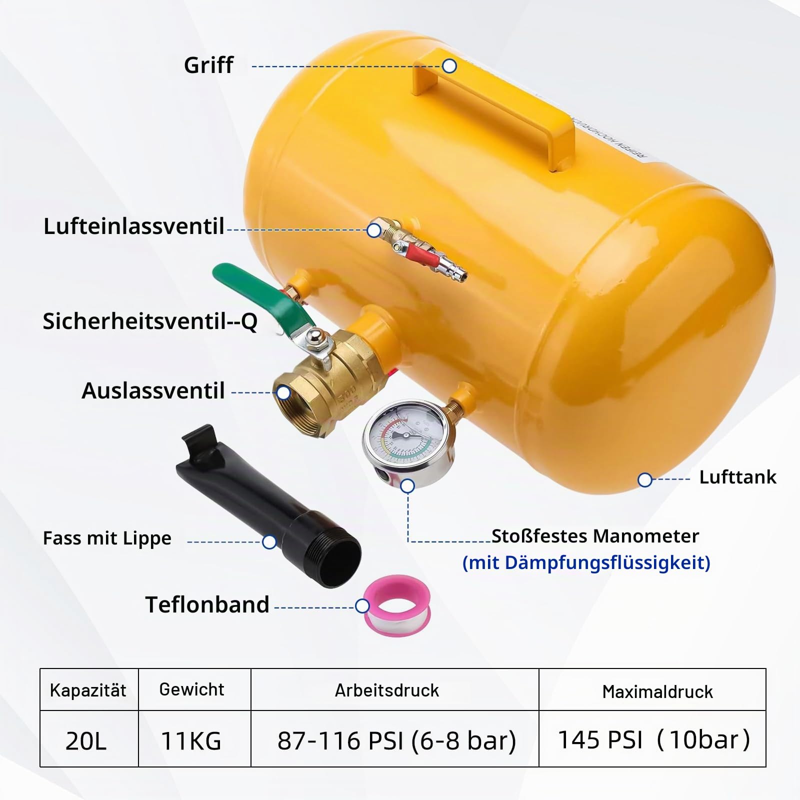 FreeTec Gonfleur Booster Pneu, 20L 5 Gallon Bonbonne Air Pneus, 6-8 bar Gonfleur Jante Style Canon à Air et Bazooka avec Manomètre & Soupape de Sécurité pour Pneus 12R (24.5") Camion Tracteur, Jaune