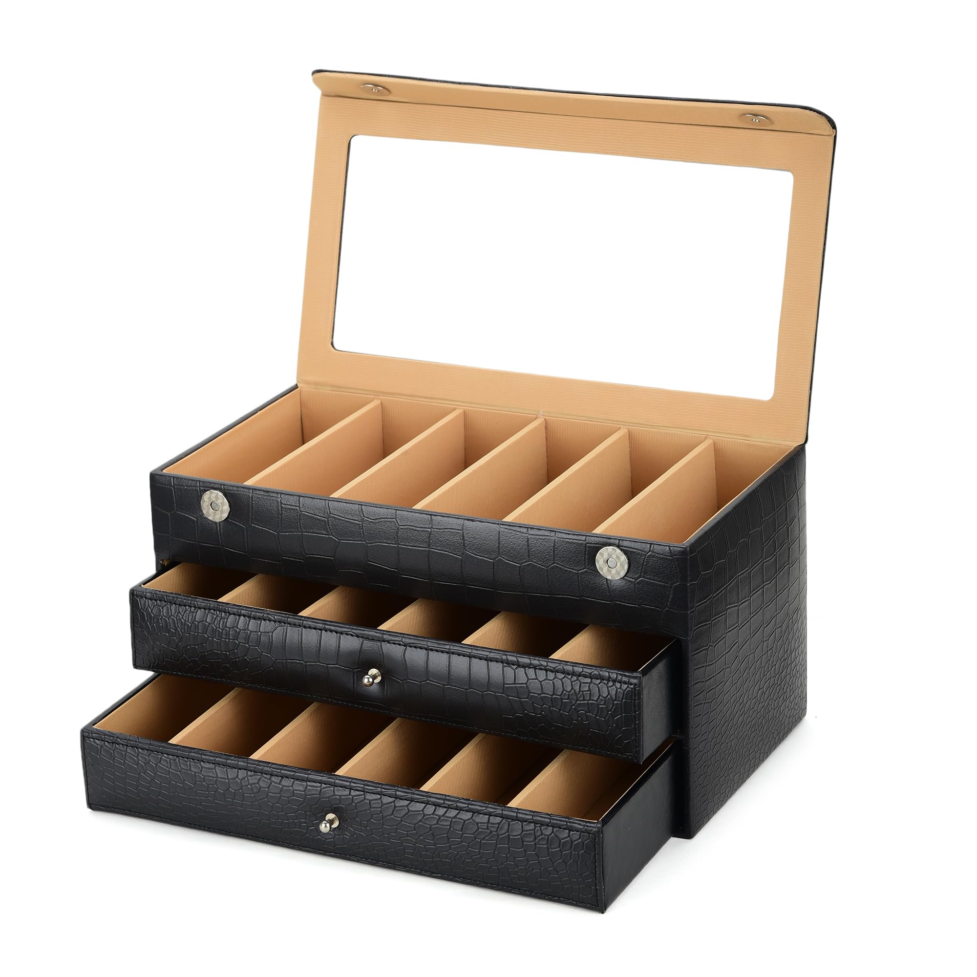 essart Faux Leather Croro-Finish-Print Sunglasses case Double Storey Magnetic Closure Sunglasses Box Organizer, Transparent lid Feature (SG-005-Black)