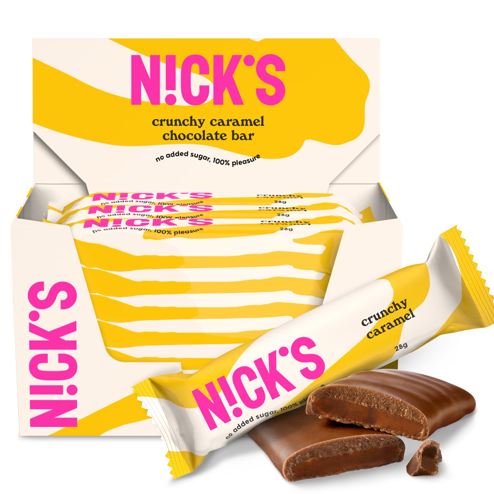 NICKS Crunchy Caramel Keto Chocolate Bars No Added Sugar, 88 Calories, 2 Net carbs, Gluten Free Sweets Low carb Candy Snack Bar with Almonds (Multipack 21x28g)