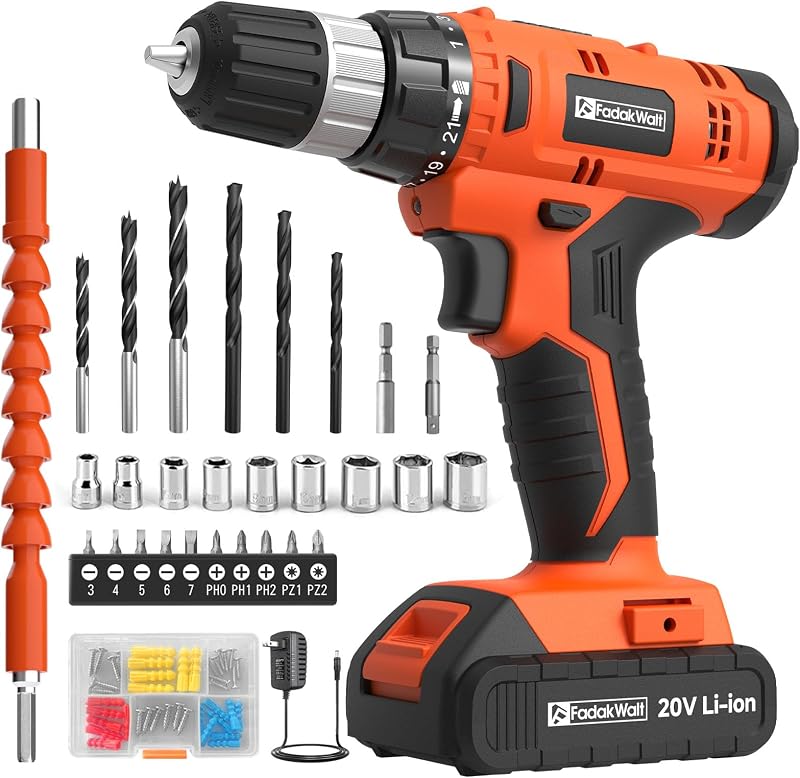 Cordless Drill Set, 20V Electric Power Drill with Battery And Charger, Torque 30N, 21+1 Torque Setting, 3/8-Inch Keyless Chuck, Driver Bits Kit, with LED Electric Drill Set. （Orange)