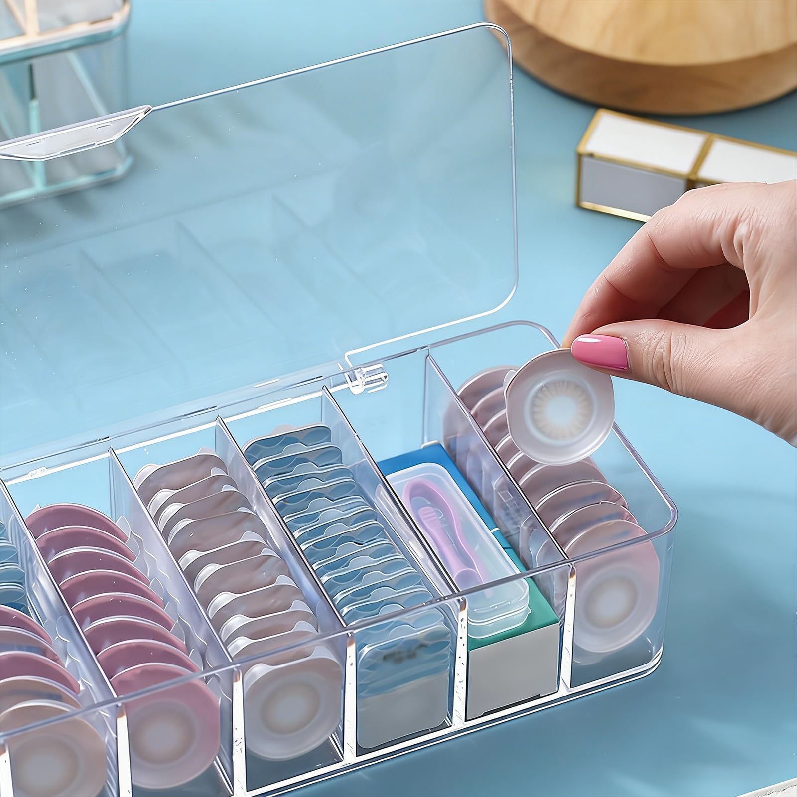 Caja de almacenamiento transparente para lentes de contacto, caja organizadora de lentes de 8 rejillas con tapa, almacenamiento diario de lentes desechables para baño, tocador, viajes