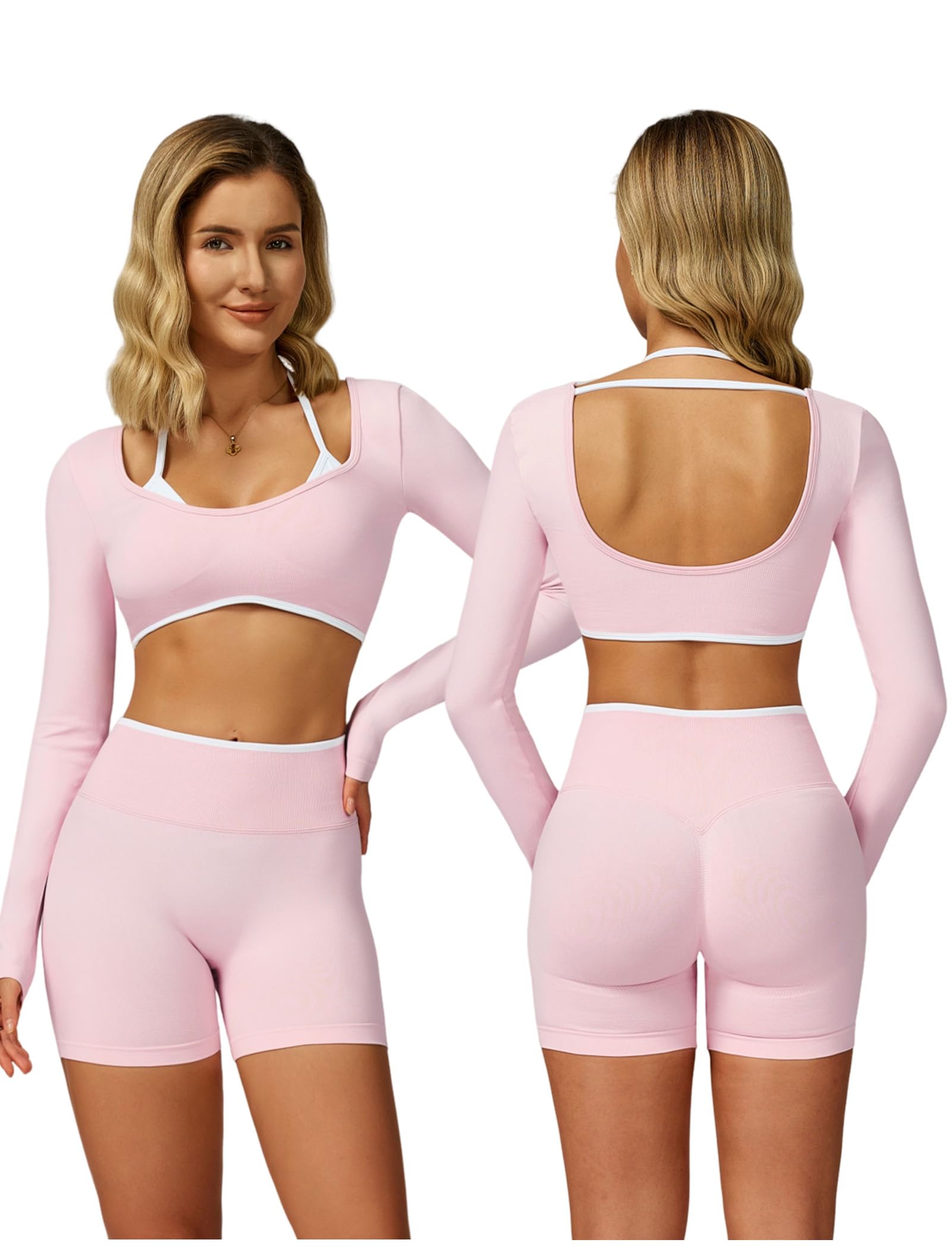 Womens Workout Sets Two Piece Seamless Color Block Long Sleeve Top High Waist Shorts Fall Winter Gym Work