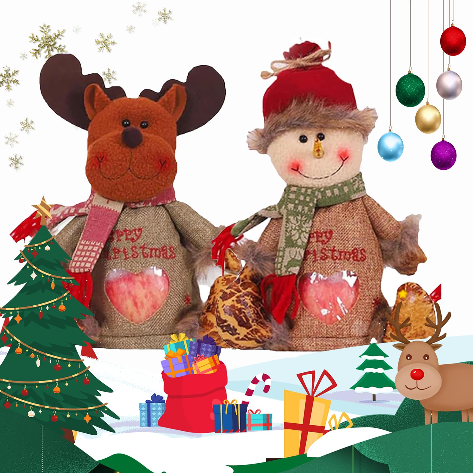 Qosneoun Bags Zipper Design, 2pcs-A, Santa Claus, Snowman, Reindeer, 11.4in*7.5in(29cm*19cm), Christmas