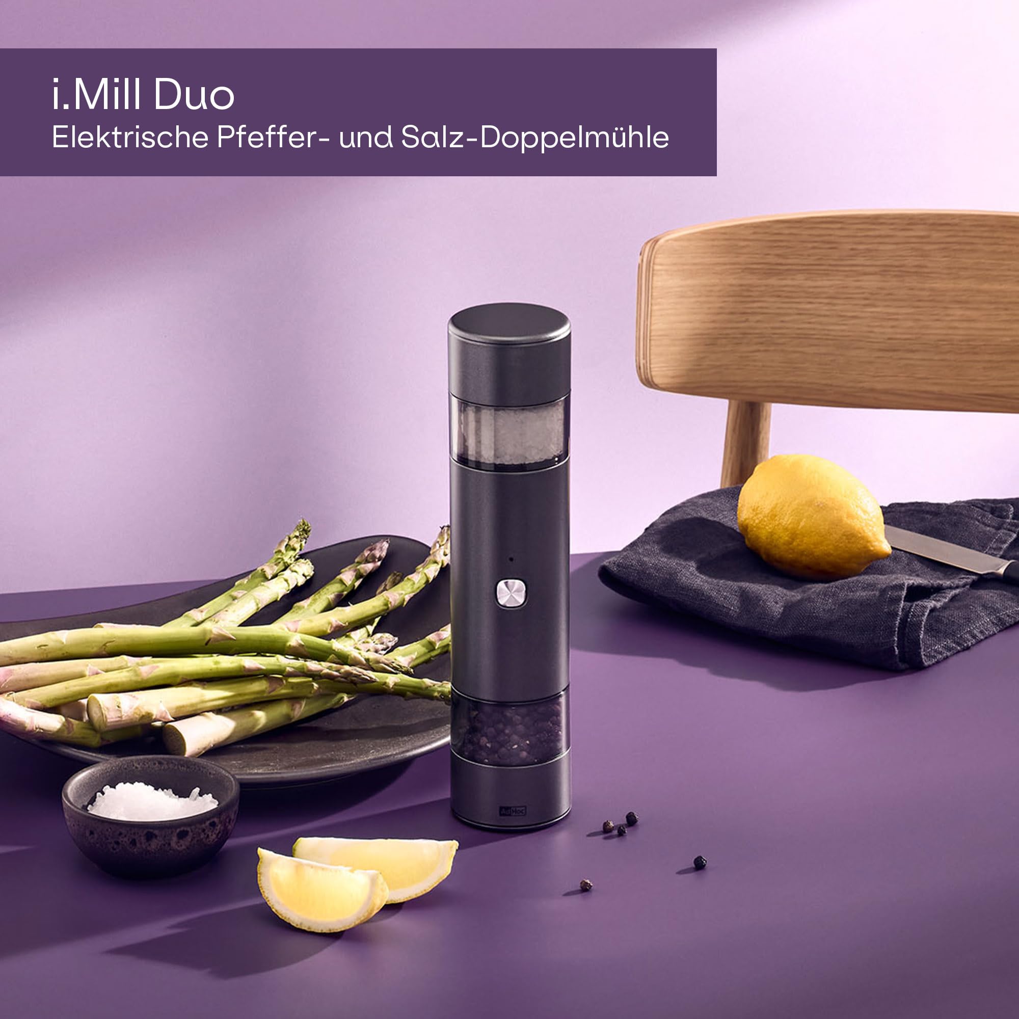 AdHoc i.Mill Duo Elektrische Salz- & Pfeffermühle, Doppelmühle | Mit GravitySwitch, USB-C, Keramikmahlwerk stufenlos einstellbar fein bis grob, leise und einhändig bedienbar