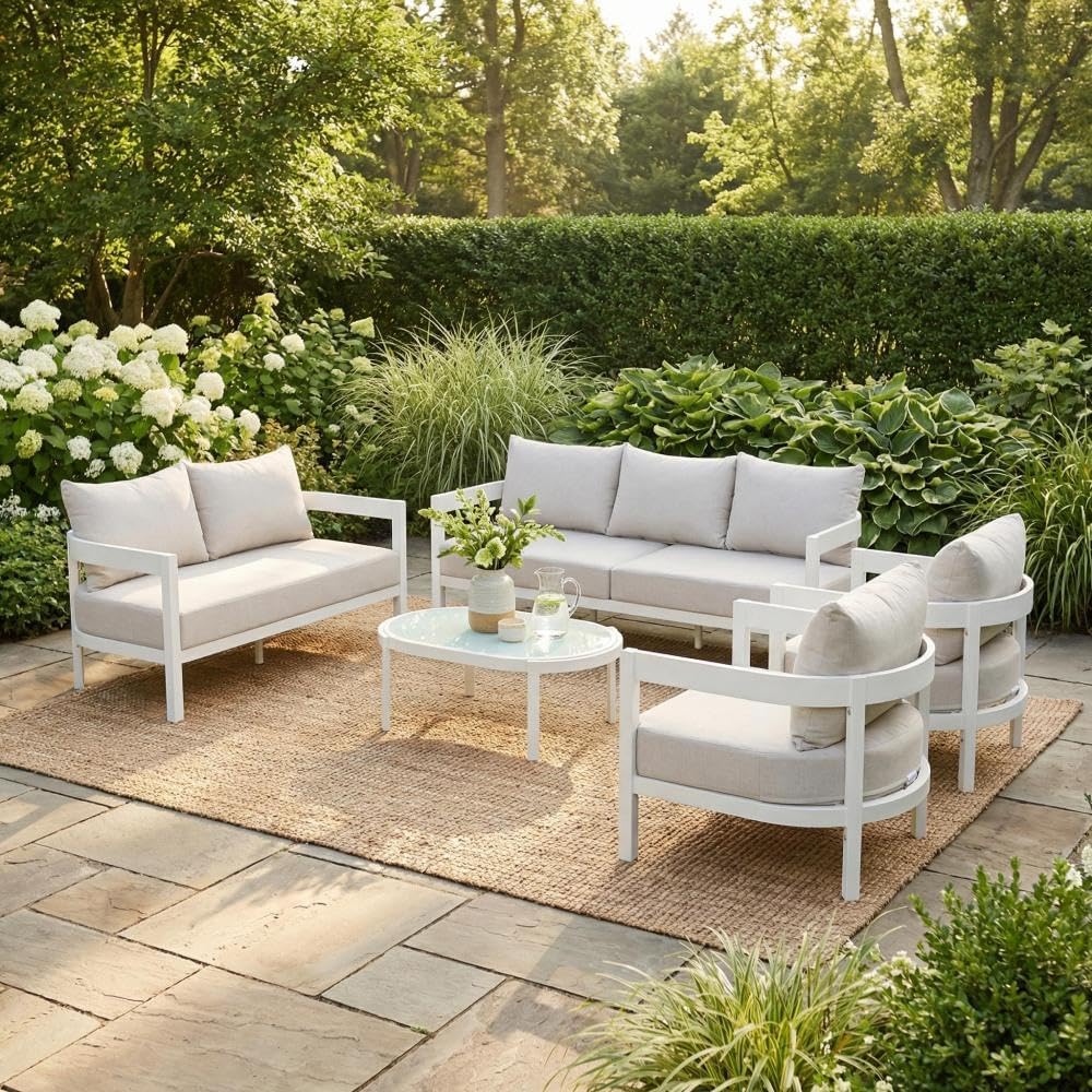 5-Piece Outdoor Patio Furniture Set, 2 Single Chairs, Loveseat, 3-Seater Sofa & Oval Tempered Glass Coffee Table, Curved Conversation Set for Backyard, Deck, Poolside, Seats 7 Adults