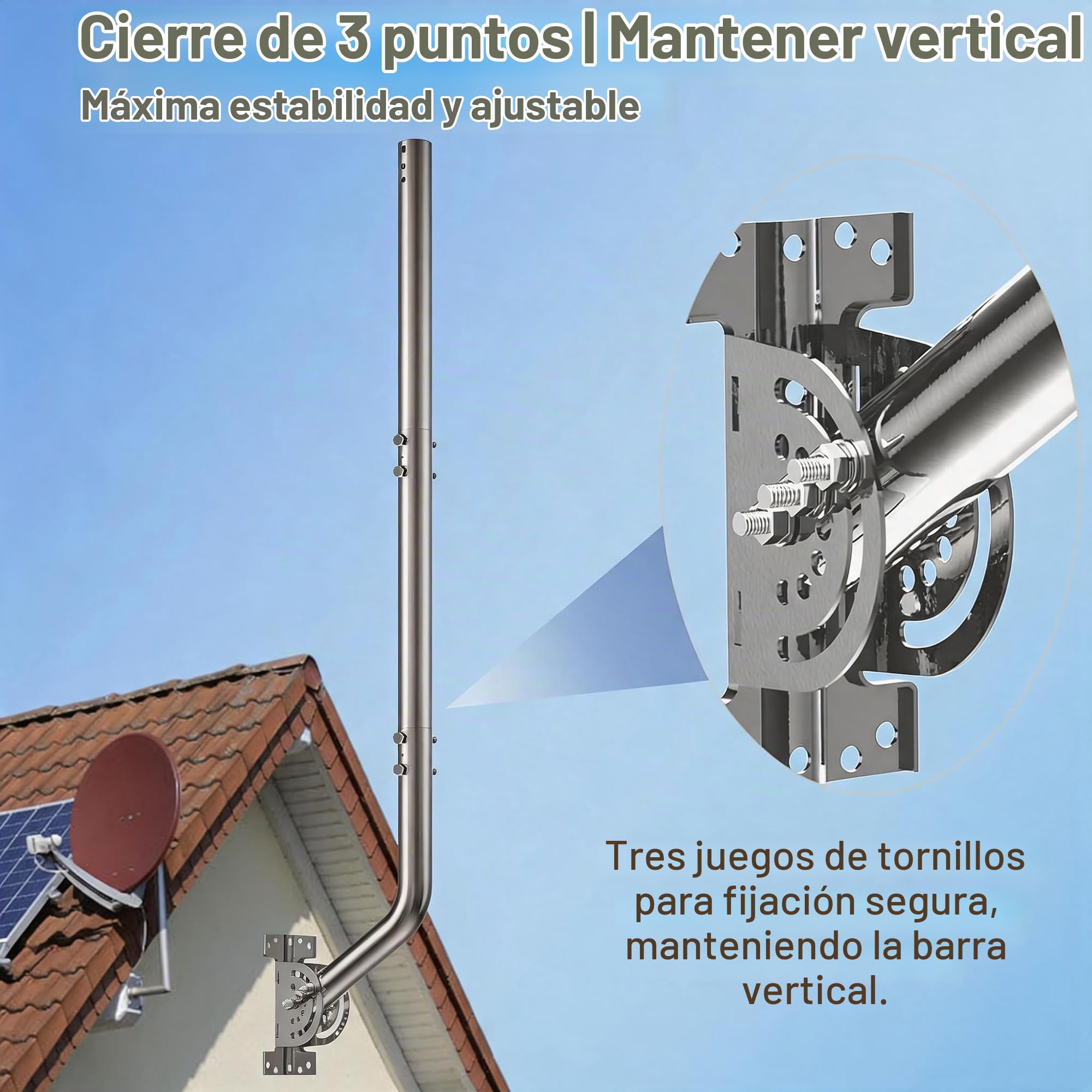 Soporte de Pared para Antena de 134 cm, mástil de Antena en Forma de J de Acero Inoxidable 430 Ø3,5 cm, Compatible con Star Link, Antena de TV, WiFi y estación meteorológica