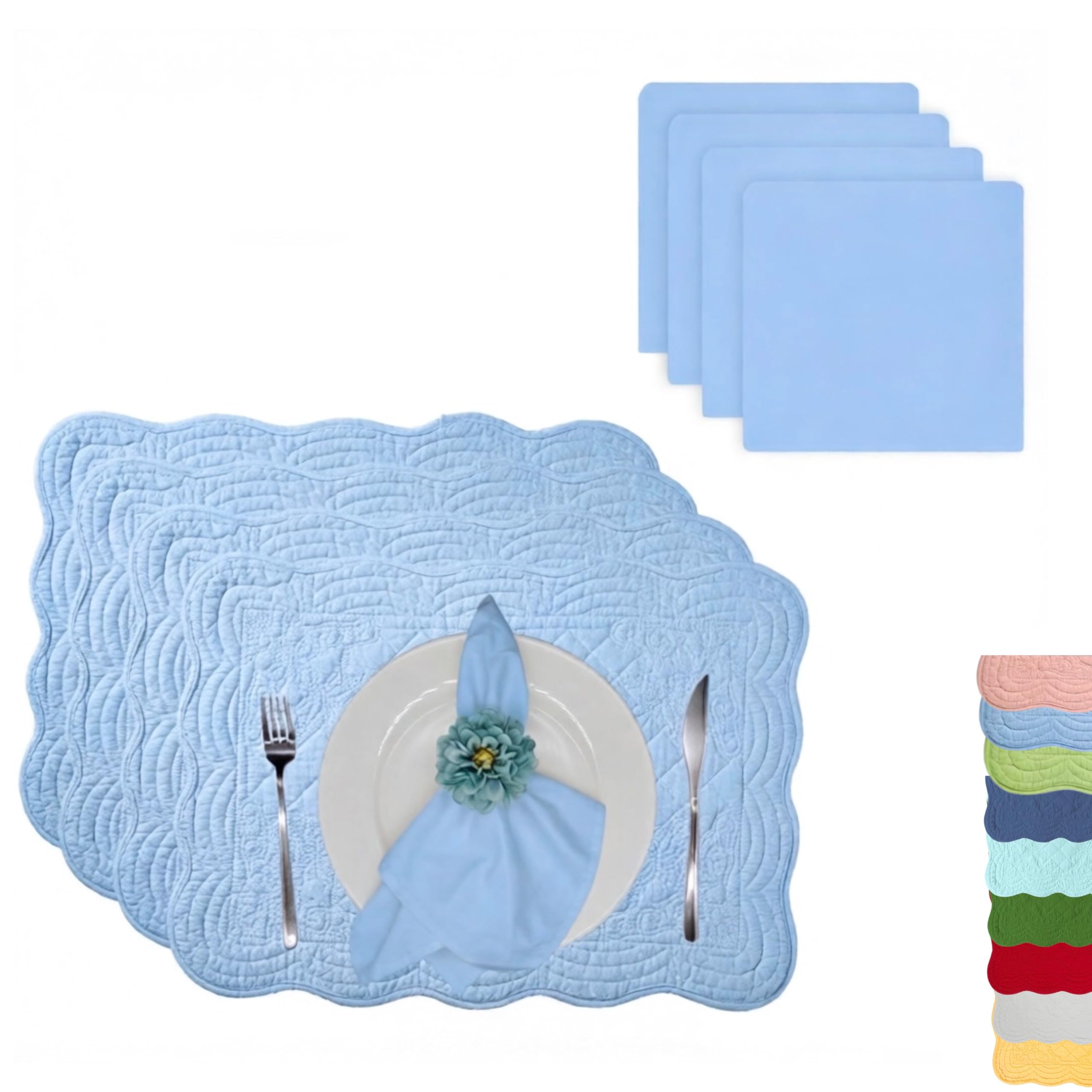 ART Pinecone Quilted Cotton Placemats with Matching White Cotton Napkins – Set of 4 Table Mats & 4 Cloth Napkins – Solid White Table Linen Set for Everyday & Holiday Dining (4, Dusty Blue)
