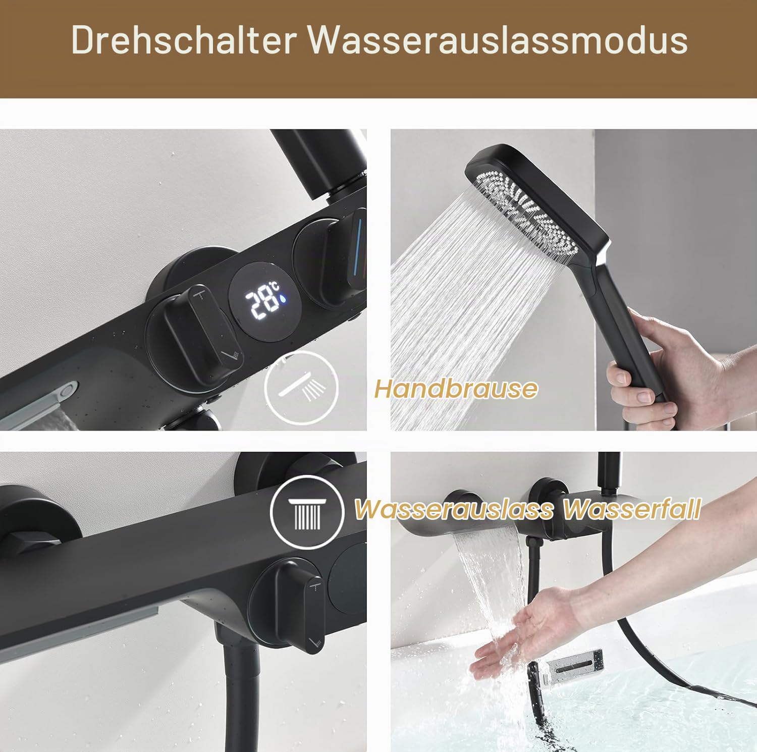 Badewannenarmatur mit Handbrause, Wasserfall Badewannenarmatur