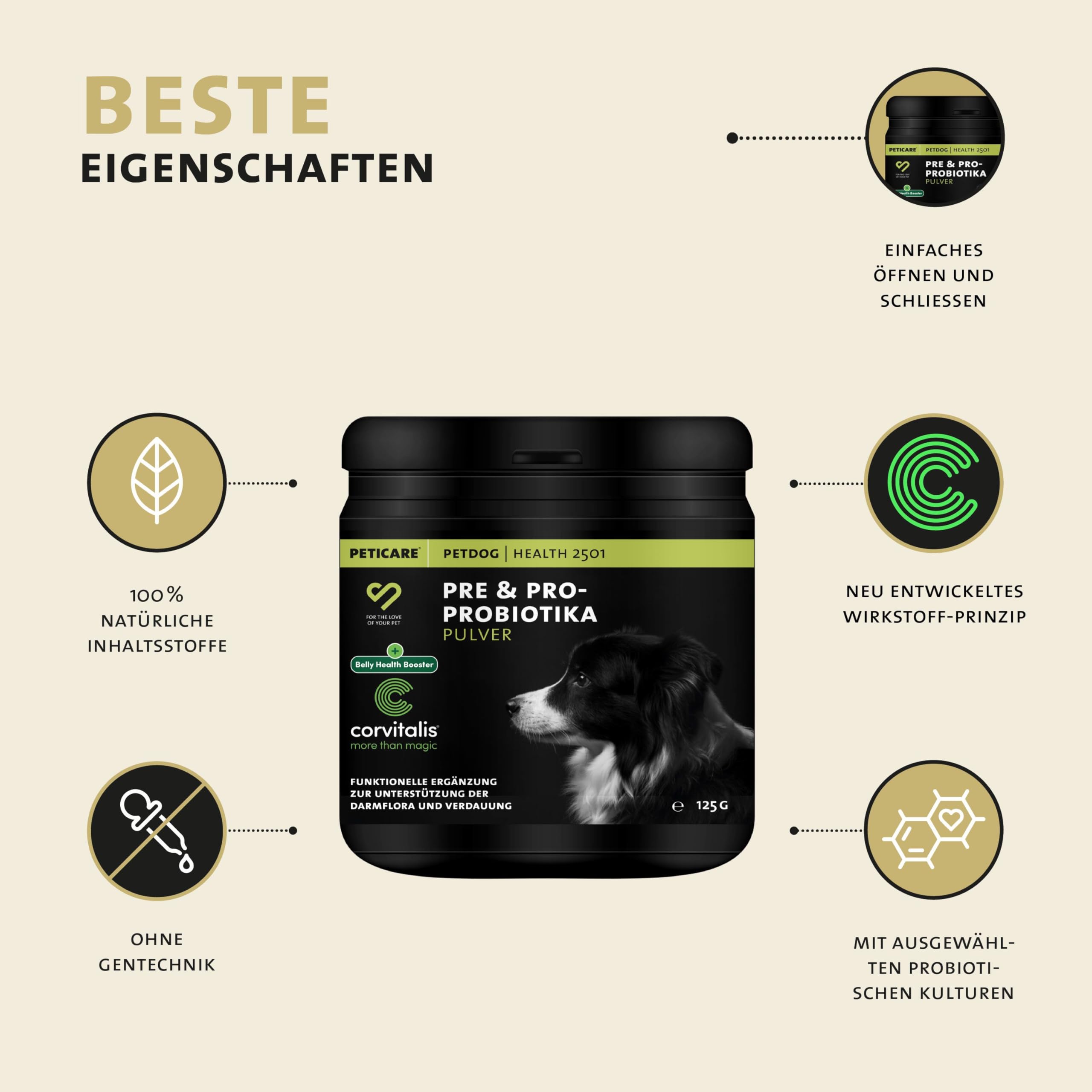 Peticare Probiotika & Präbiotika Pulver für Hunde | Immunsystem stärken, Darmsanierung, Darmflora aufbauen | bei Allergie-Anfälligkeit & Juckreiz | natürliches Ergänzungsfutter - petDog Health 2501