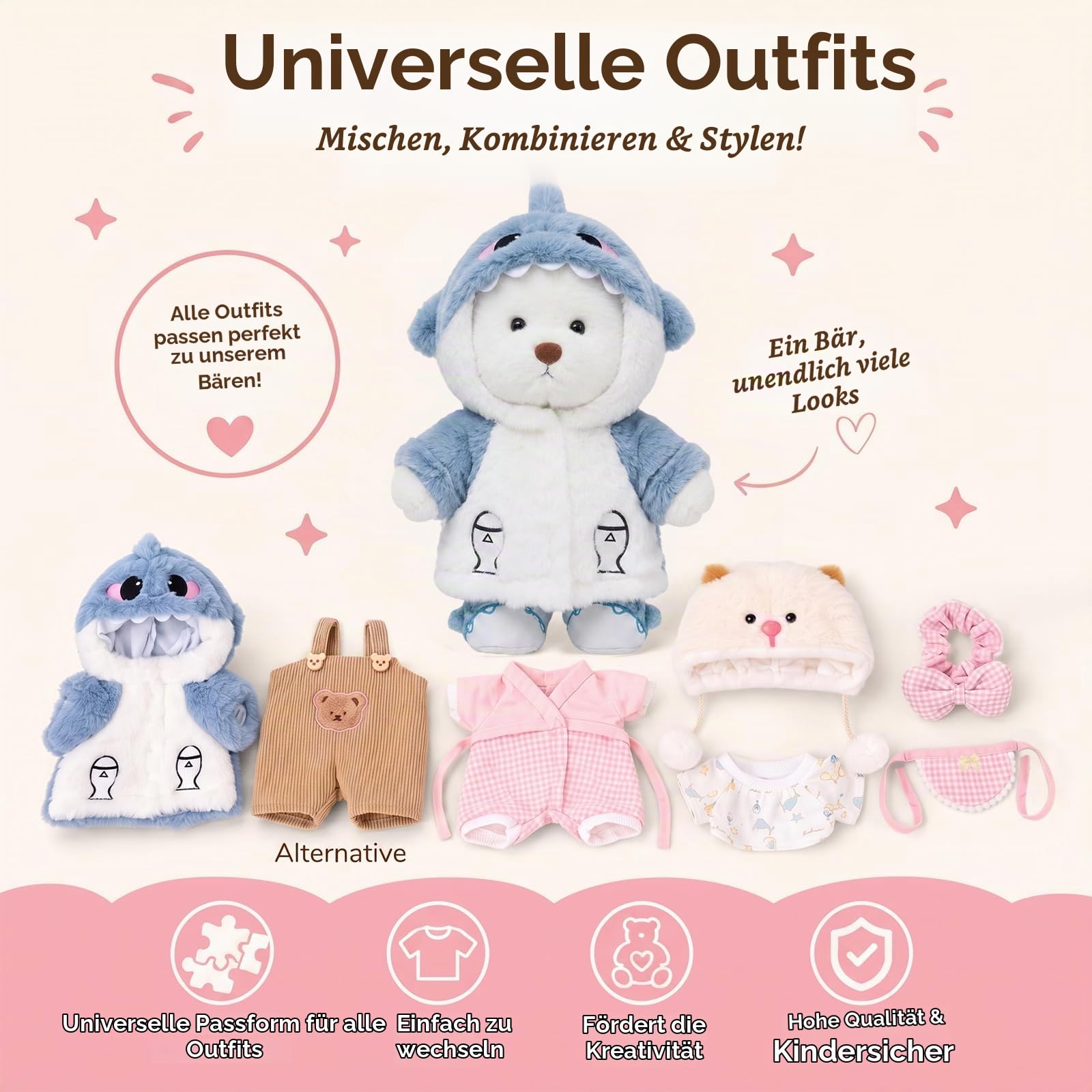 Teddy Angels Teddybär 30 cm mit einer Kleidung Stuff Tier Plüsch Geschenk für Kinder Mädchen Frauen Geburtstag (Weißer Haifischanzug)