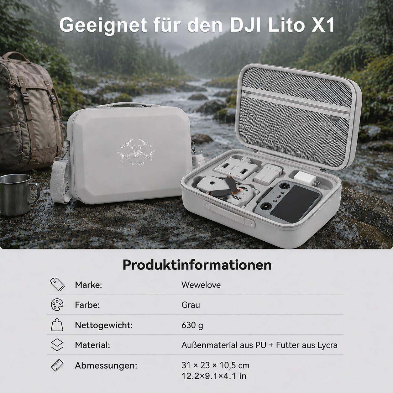 Tasche für DJI Lito X1 Fly More Combo, Hartschalen Koffer Tragetasche kompatibel mit RC-N3 Fernsteuerung, 3 Akkus, Ladegerät-Hub und Zubehör, wasserdichte Schutztasche für Outdoor-Reisen
