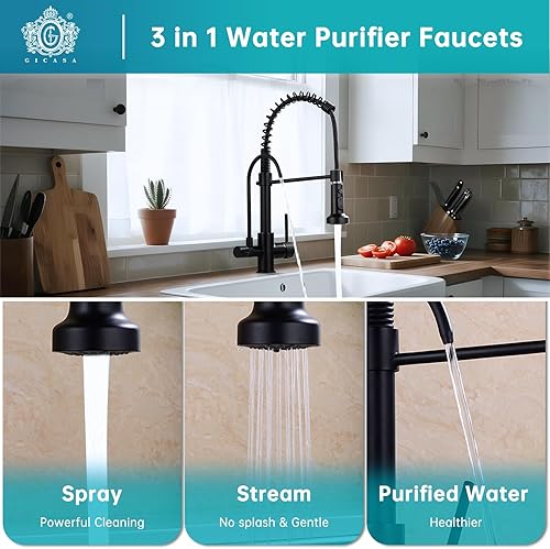 Miniatura 6 de Grifo de cocina negro de resorte 3 en 1, rociador extraíble de un solo orificio de arco alto, grifo de fregadero de cocina, sistema RO grifo de