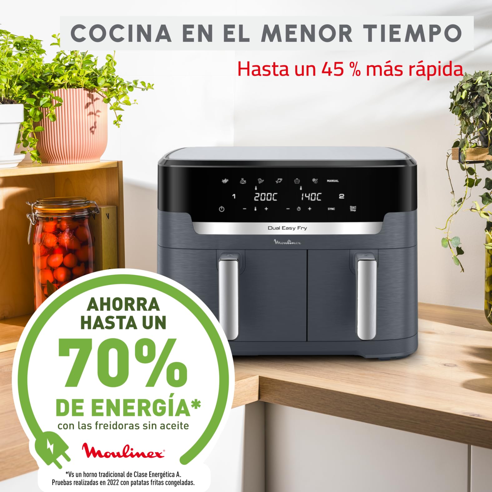 Moulinex XXL Dual Easy Fry 11L: Freidora de Aire de Doble Cesta +8 Personas, Dos cestas (6,5 L + 4,5 L),7 Programas Automáticos, EZ942BF0