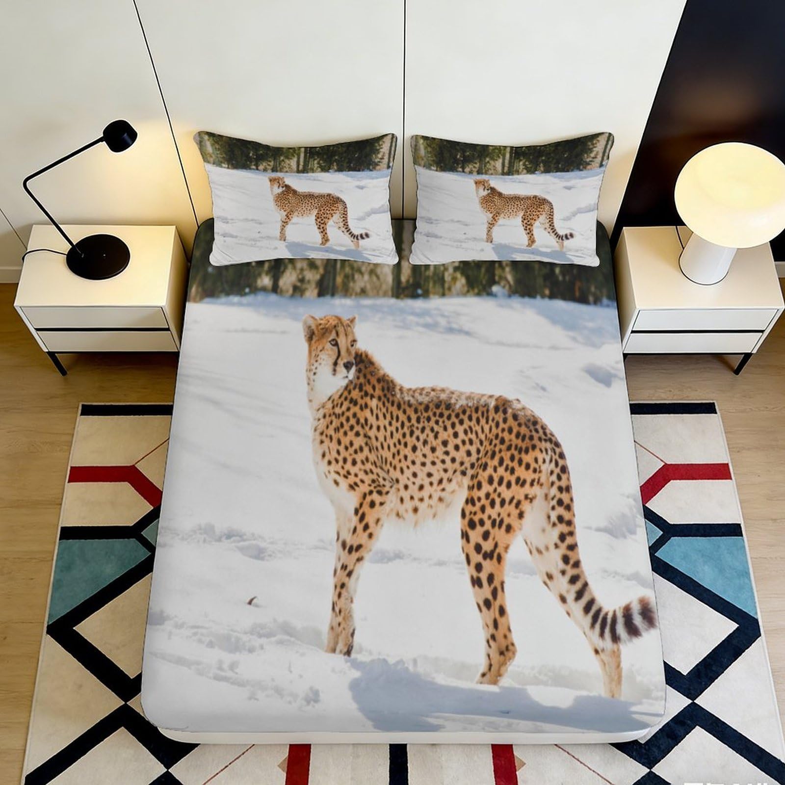 3D Printed Cheetah Pattern Fitted Sheet Microfiber Soft Breathable Snow Animal Print Mattress Cover for Bedroom Dormitory Guest Room Protection Decor 140x200x25cm