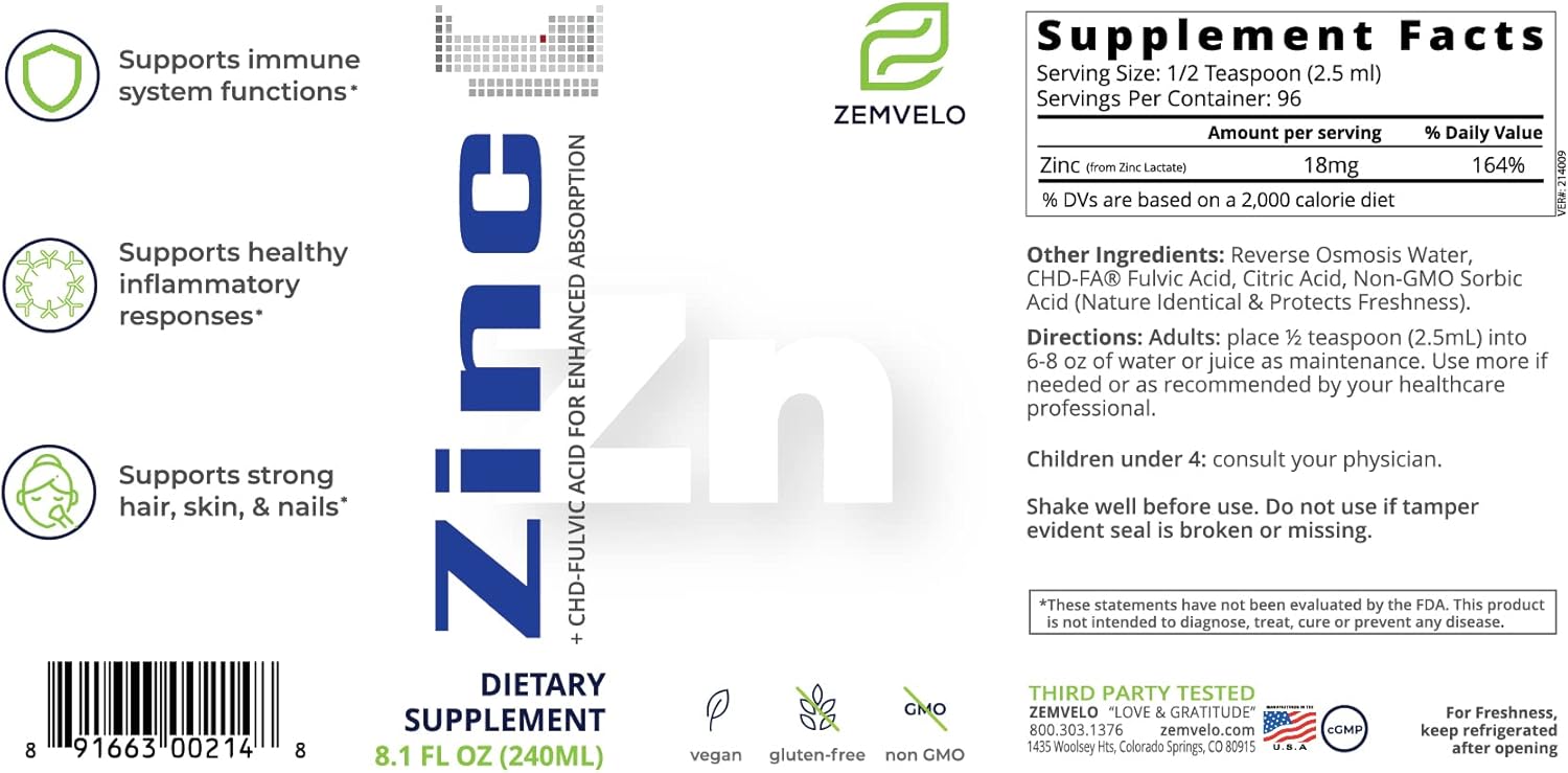 Liquid Ionic Zinc Supplement – Supports Immune Health & Energy Production – Maintains Skin and Cellular Health – 3-Month Supply