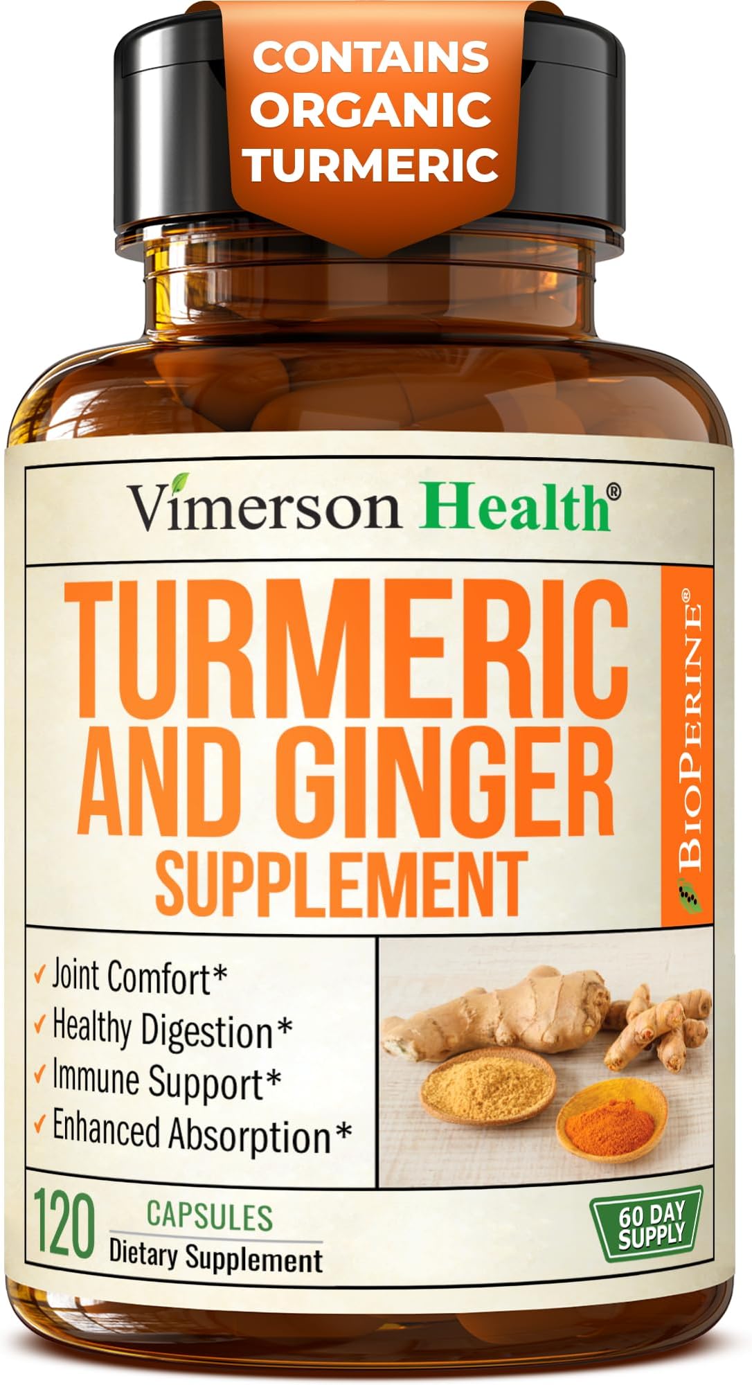 Turmeric and Ginger Supplement with Black Pepper for Joint Support, Digestive & Gut Health - Contains Organic Turmeric with Ginger Root Supplement and BioPerine for Enhanced Absorption - 120 Capsules